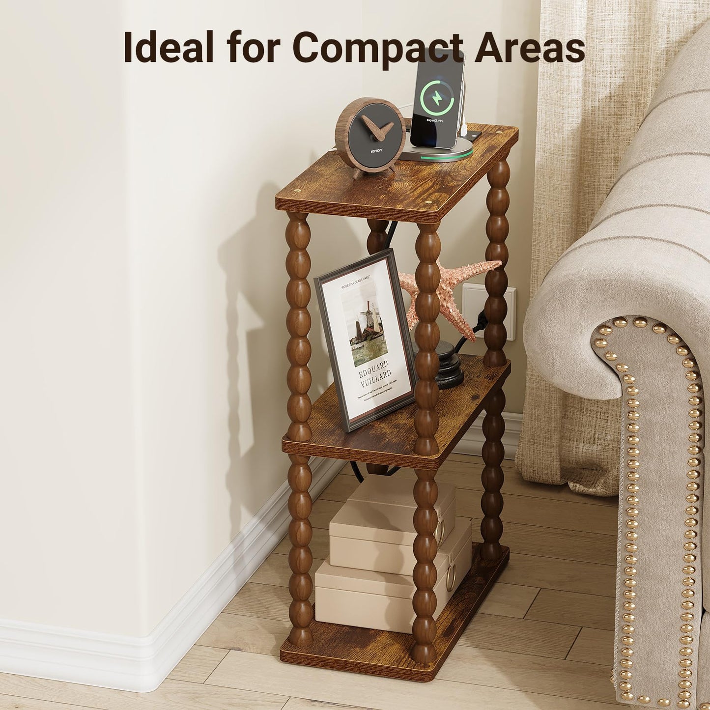 ELYKEN Side Table with Charging Station, Small End Tables Living Room with USB Port and Outlet, 3-Tier Narrow Bedside Table Nightstands for Bedroom, Rustic Brown