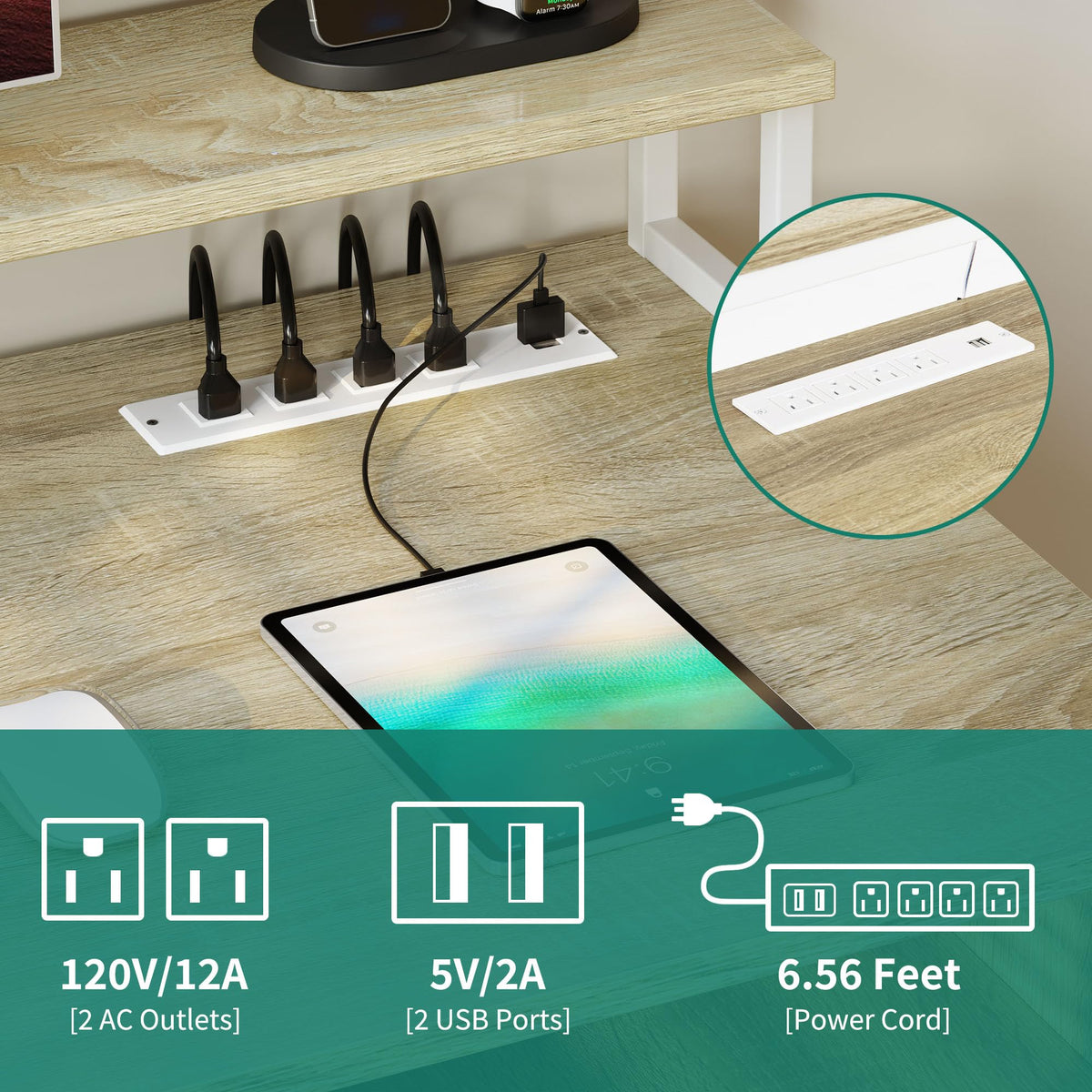 DWVO Computer Desk with Drawers, 47.2" Office Desk with Power Outlets & LED Light, Home Office Desk with Storage Shelves, White & Oak