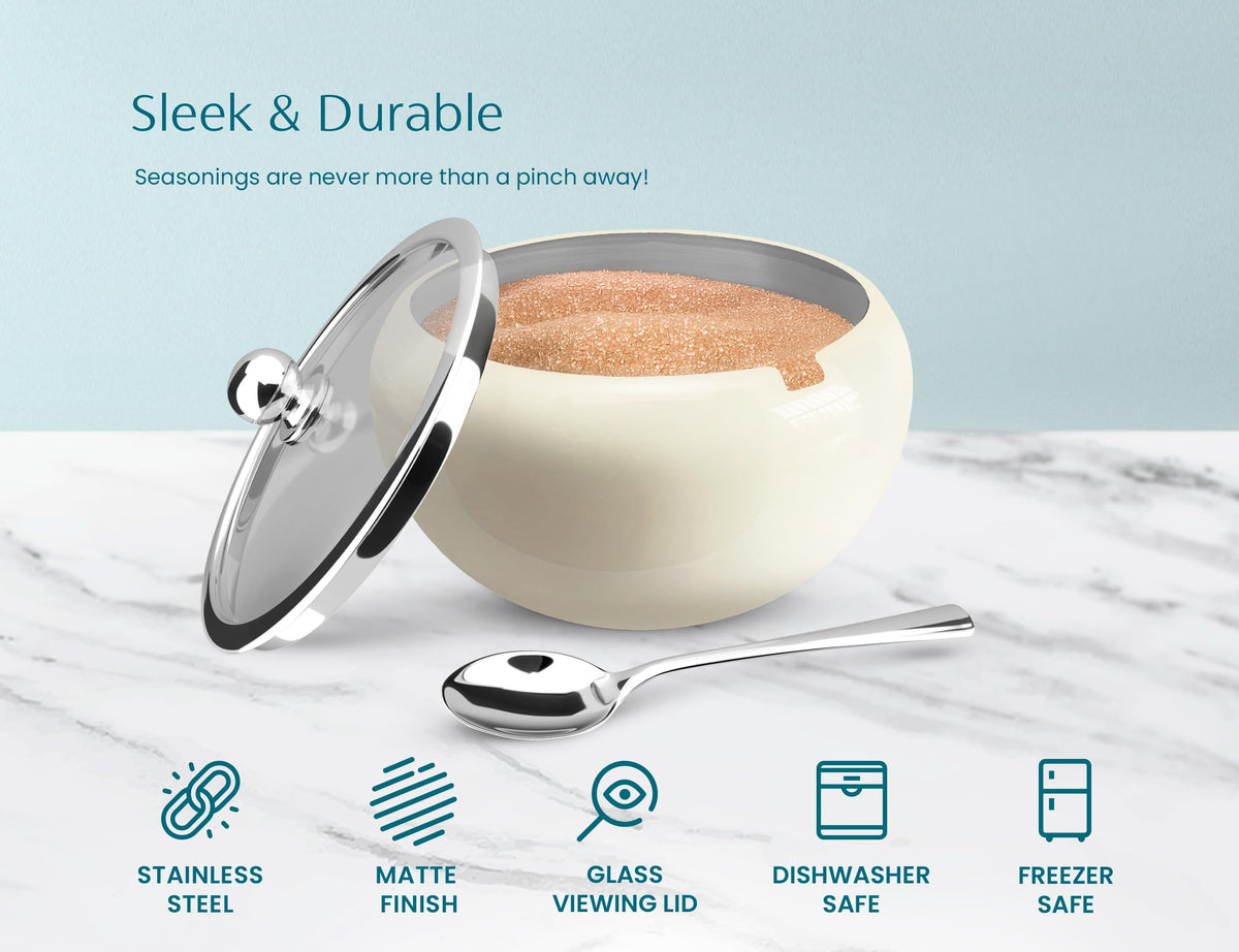 KooK Stainless Steel Sugar Bowl with Lid and Spoon, Serving Dish, Clear Glass Lid, Storage for Salt, Candy, Coffee, Holds 2 Cups, Dishwasher Safe, 16 oz Vintage White Glossy