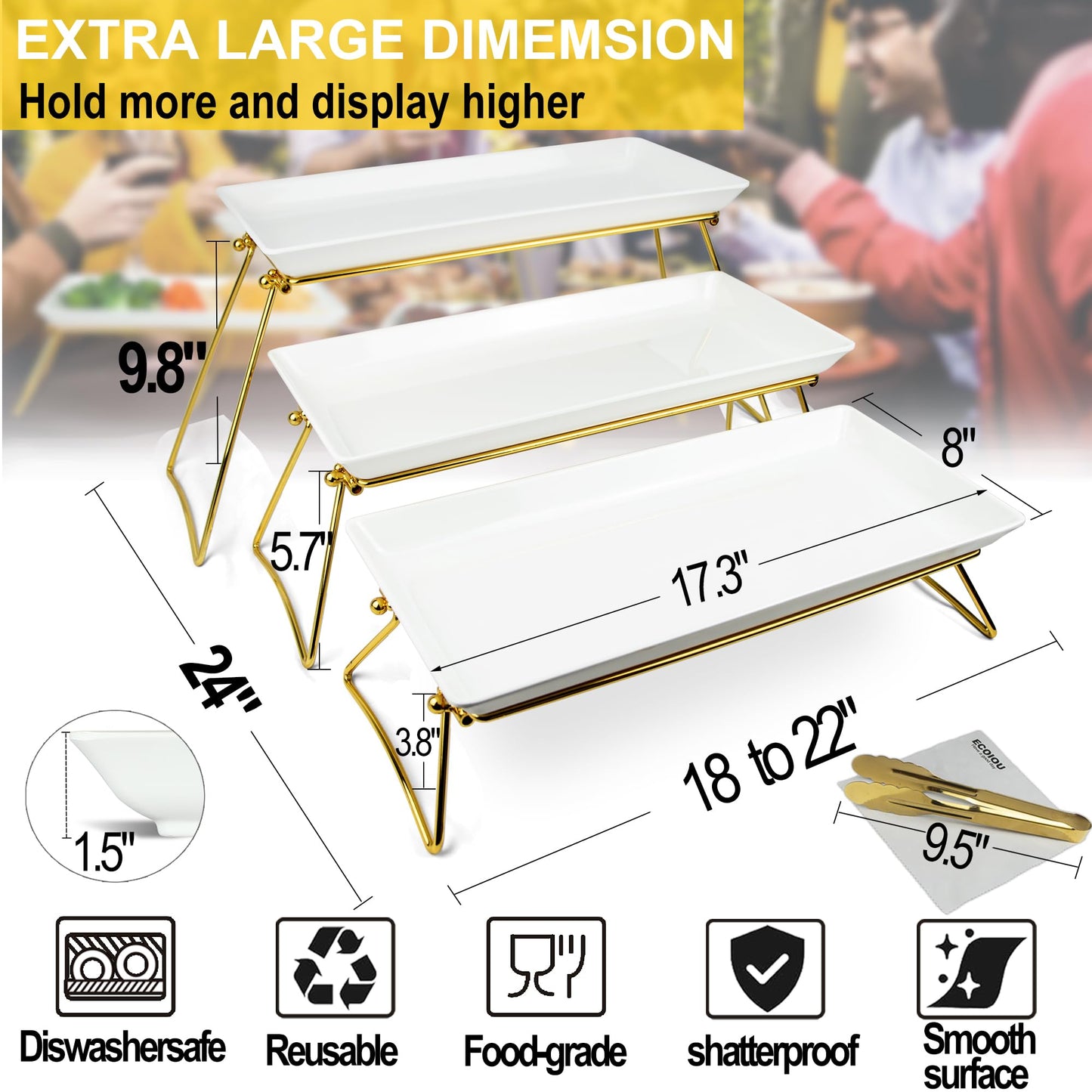 ECOIOU Extra Large 3 Tier Serving Tray, 24 x22 x 9.8 Inch Melamine Tiered Tray Stand and Platters for Party Buffet Entertaining, White and Gold