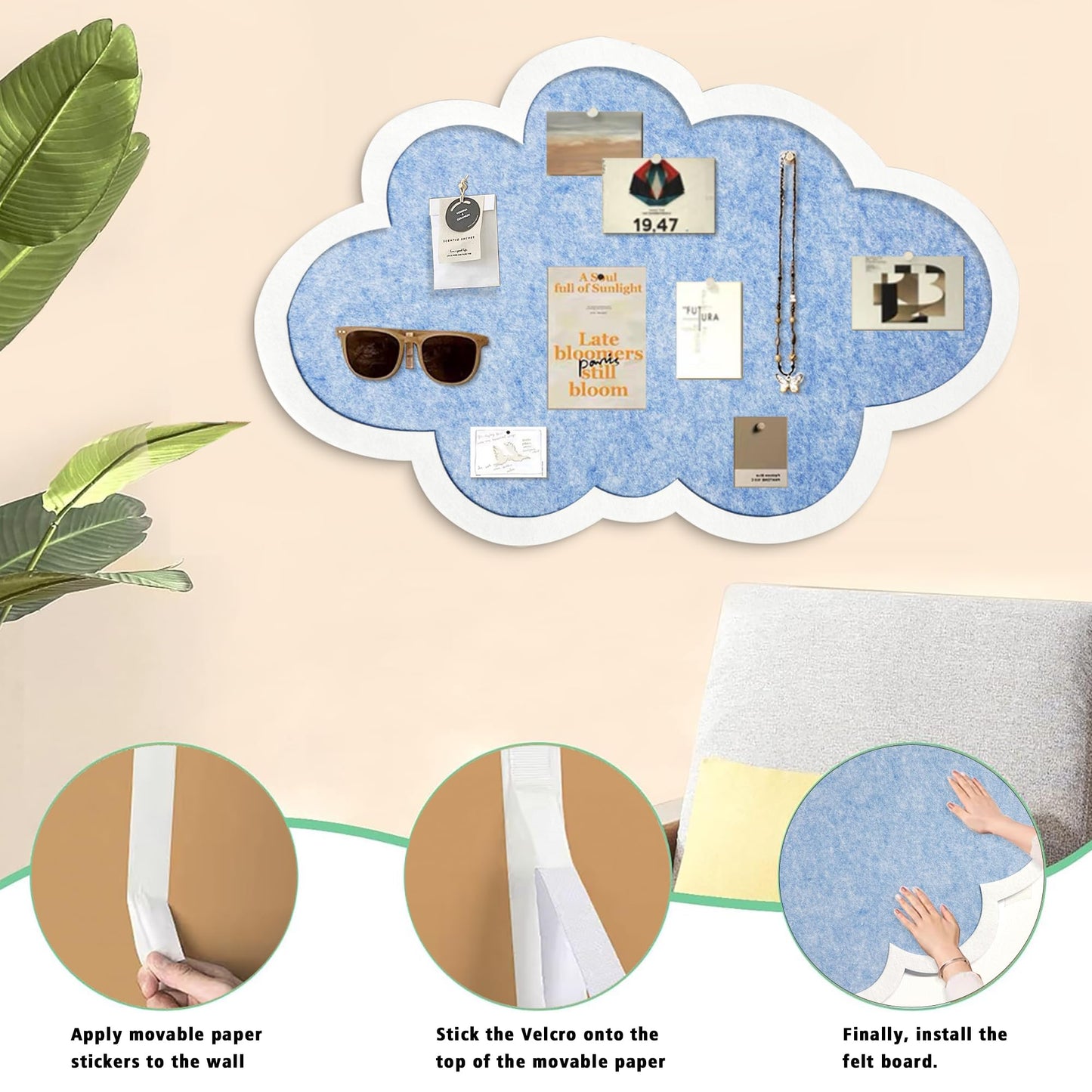 Cute Cloud Felt Board for Wall 24x16, Foldable Vision Board & Photo Display Board, Aesthetic Pin Board for Notes, Pictures & Jewelry Organizer, Dorm Room Decor for Bedroom Office(Cloud-Baby Blue)