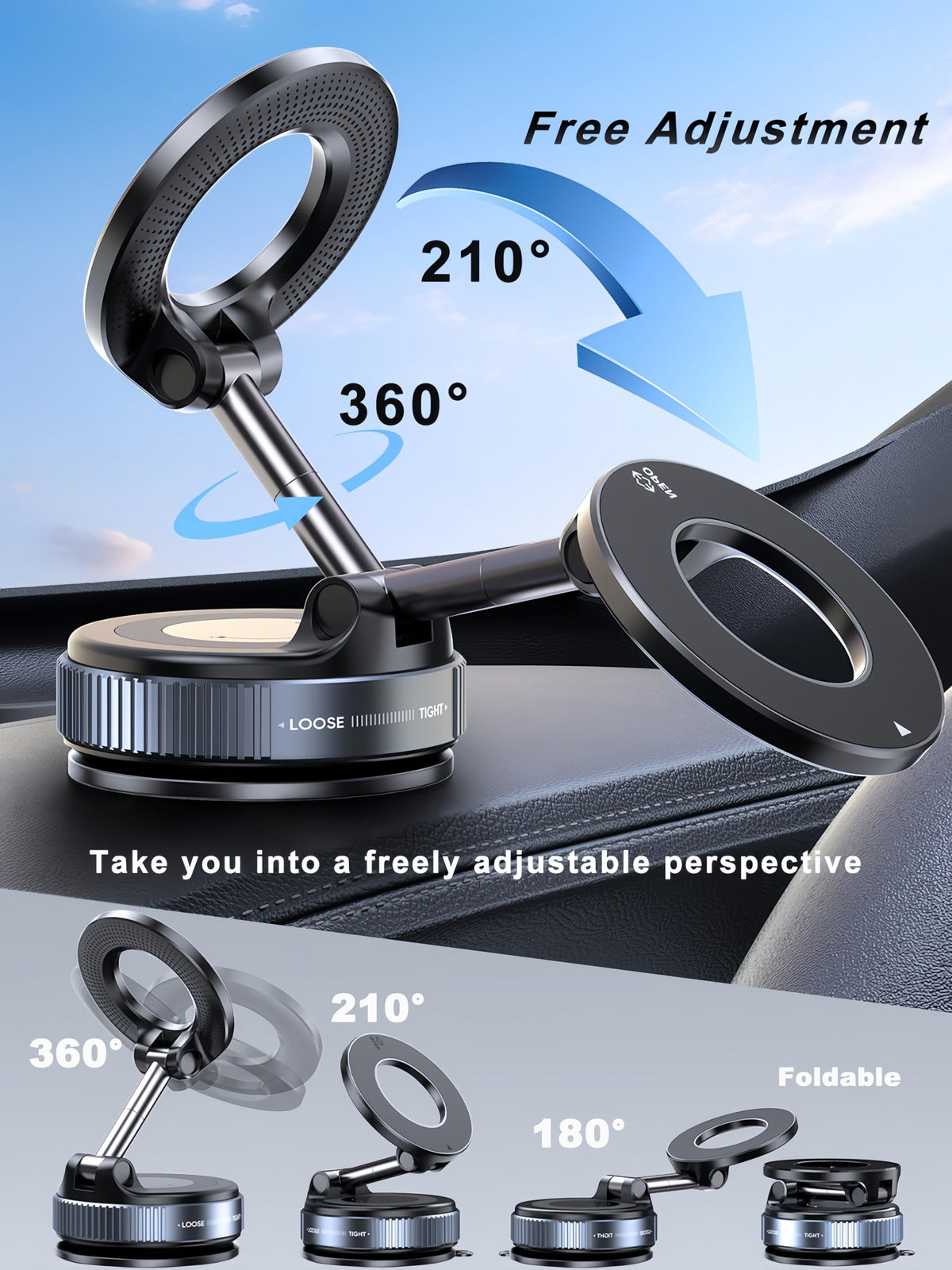 snanlen Upgraded 360° Nano Gel Vacuum Magnetic Phone Holder, 108+LBS Heavy Duty Suction Cup Phone Mount for Car Dashboard & Windshield, 3000gf MagSafe Compatible with iPhone 17/16 Pro Max