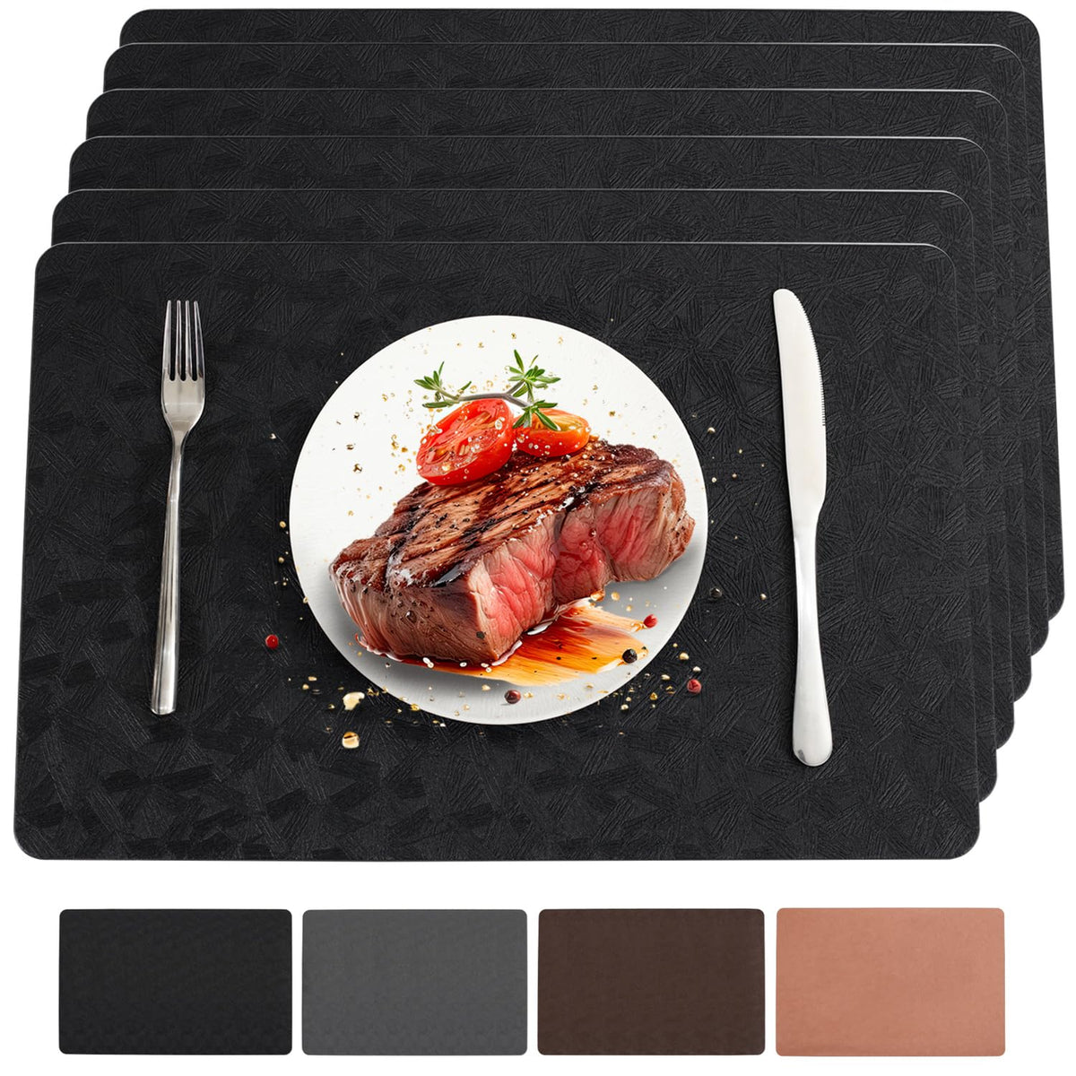 Bxzandya Vinyl Placemats Set of 6 Heat Resistant Easy Clean Non-Slip Place Mats for Dining Table Faux Leather Waterproof Stain Resistant Wipeable Washable PVC Table Mats(6, Black)