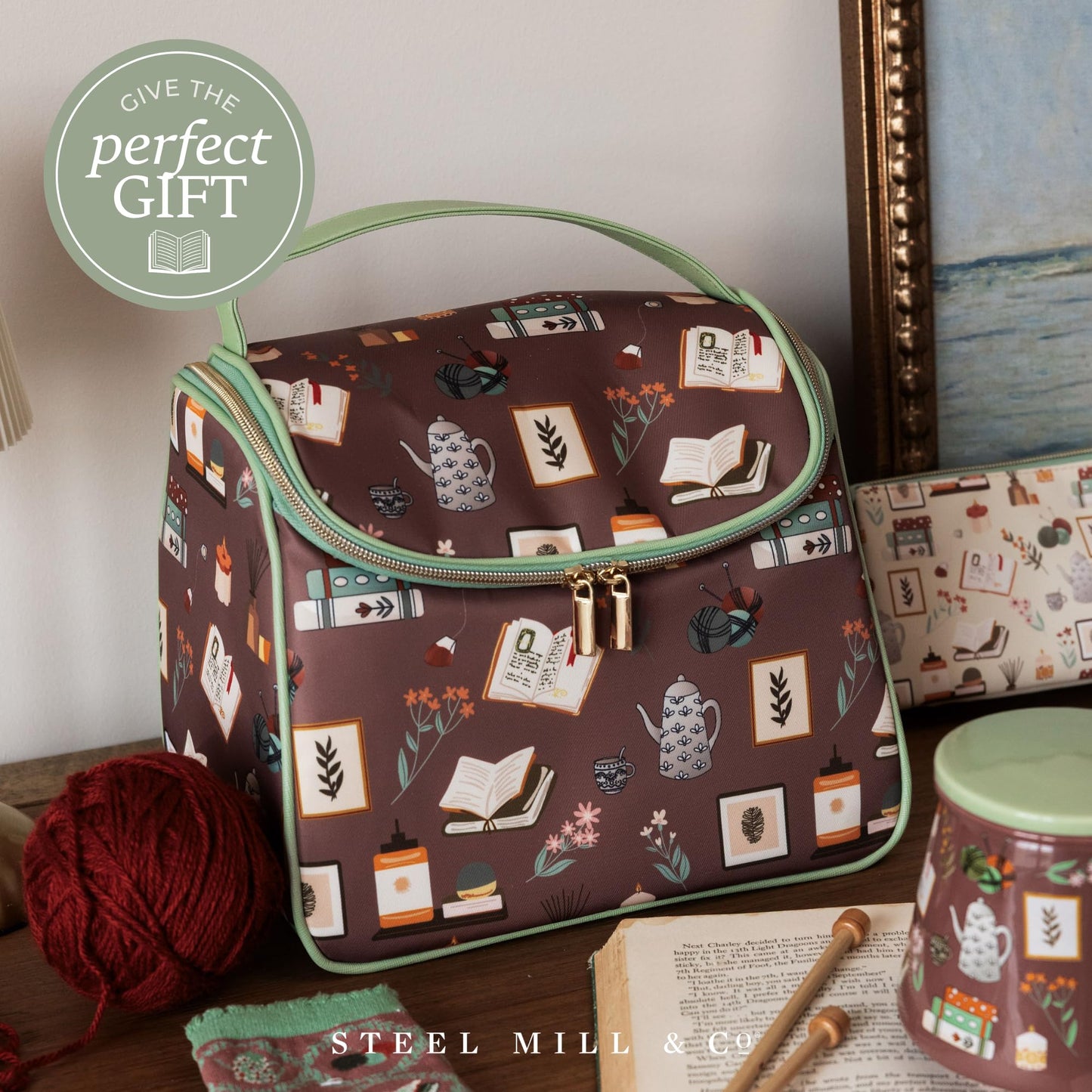 Steel Mill & Co Insulated Lunch Tote Bag for Women, Large Capacity Cooler Lunch Box, Cute Lunch Bag for Adults, Wide Opening Cooler with Zipper Closure, and Sturdy Handles (Book Nook Brown)