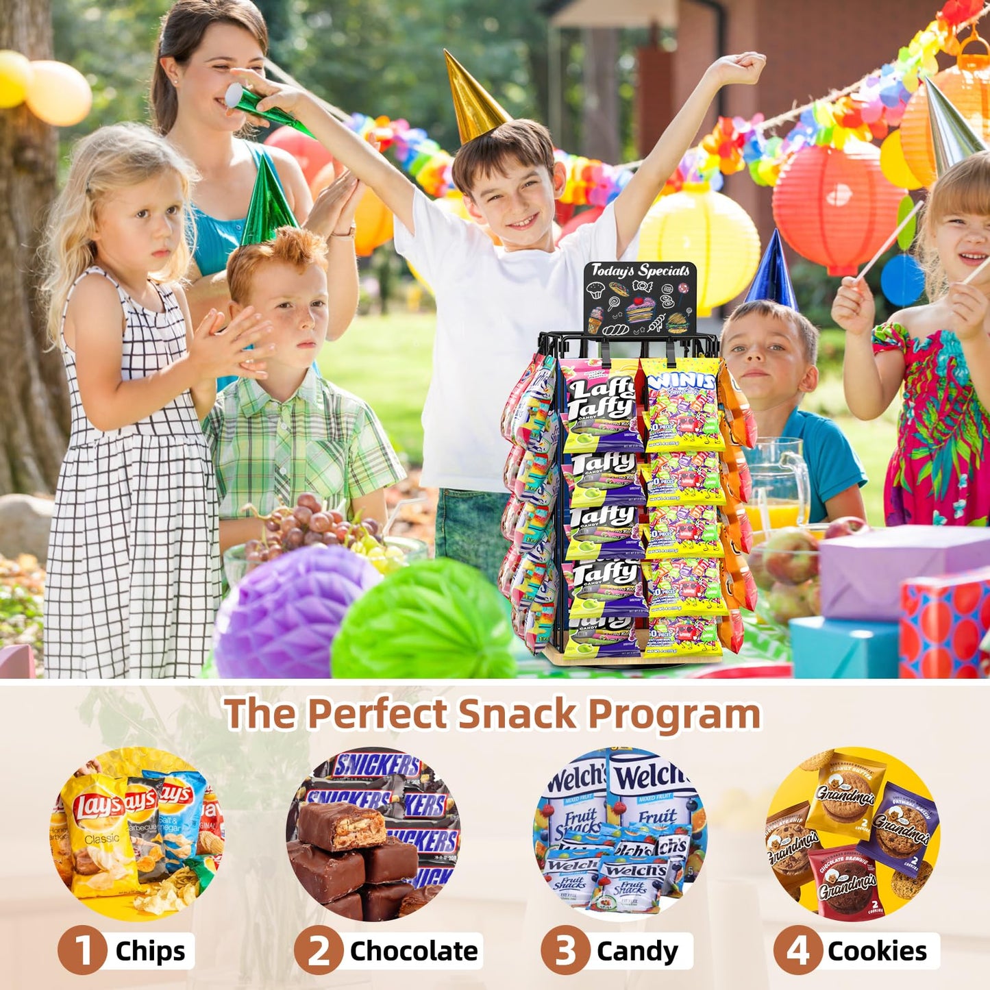OFUSUY Chip Rack Display Stand, 5 Tiers 40 Clips Display Stand, 360°Rotating Wooden Base Chip Bag Holder for Concession Stand, Snack Organizer for Christmas Party, Retail, with Message Board