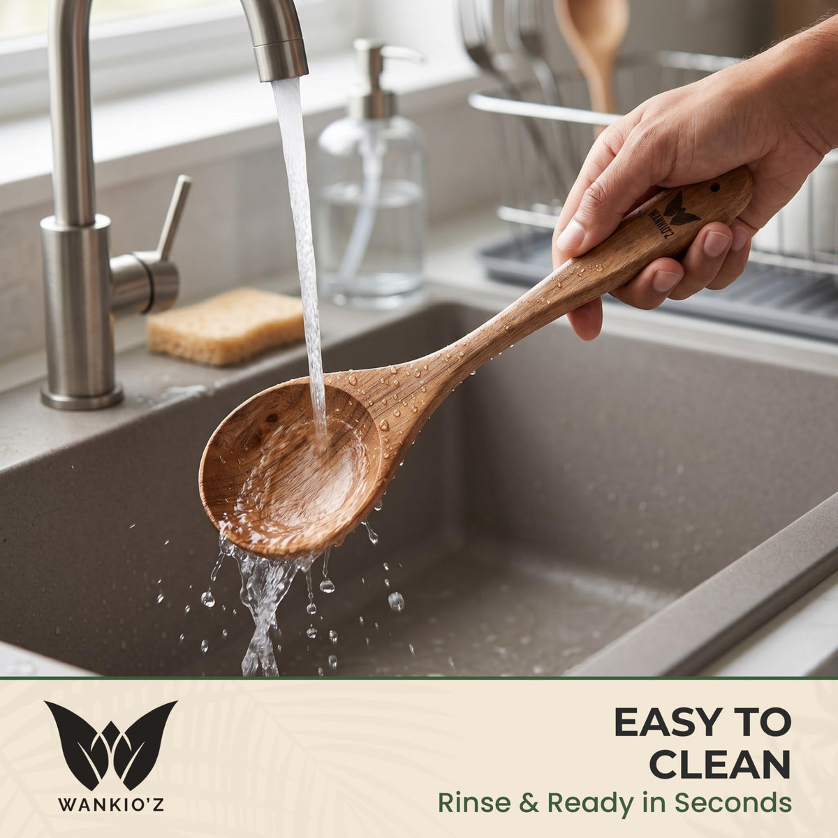 WANKIO'Z Acacia Wood Cooking Spoon – 12" Handcrafted Wooden Serving Spoon | Deep Bowl Design | Safe for Nonstick Cookware | Ergonomic Handle | Natural Kitchen Utensil