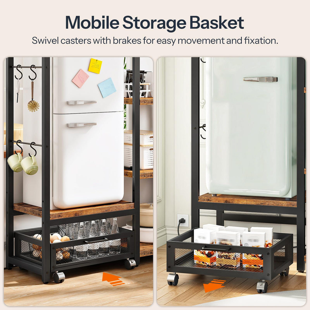 HOOBRO Bakers Rack with Mini Fridge Stand, Microwave Stand with Movable Basket, 3-Tiers Coffee Bar Station with Power Outlet, Kitchen Storage Shelf for Kitchen, Dorm, Rustic Brown and Black BF38UHB01