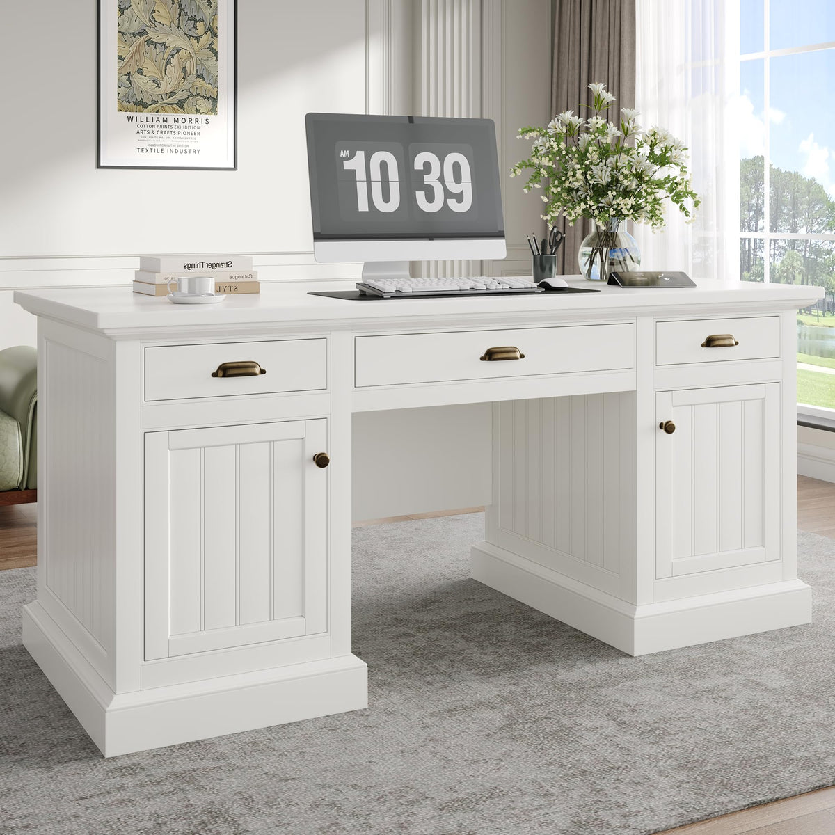 Jocisland 68" Executive Desk for Home Office & Study, Fluted Panel Computer Table with 3 Drawers and 2 Cabinets, Farmhouse Writing Desk – Pure White