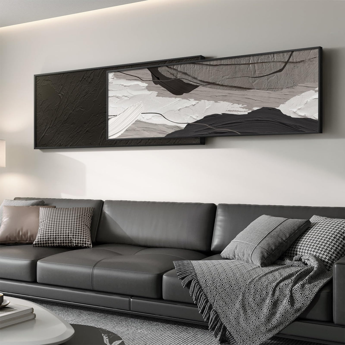 Extra Large Framed Black and White Abstract Wall Art for Living Room, Set of 2 Long Horizontal Modern Canvas Prints Paintings, Minimalist Gray Pictures for Bedroom Dining Room Office Wall Decor
