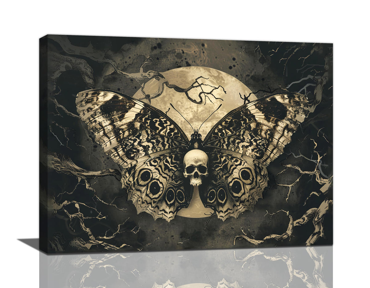 xiilo Gothic Skull Wall Art Spooky Skeleton Butterfly Pictures Decor Goth Moon Horror Canvas Painting Home Artwork Decorations for Halloween Bathroom Living Room Bedroom 16x12 inch
