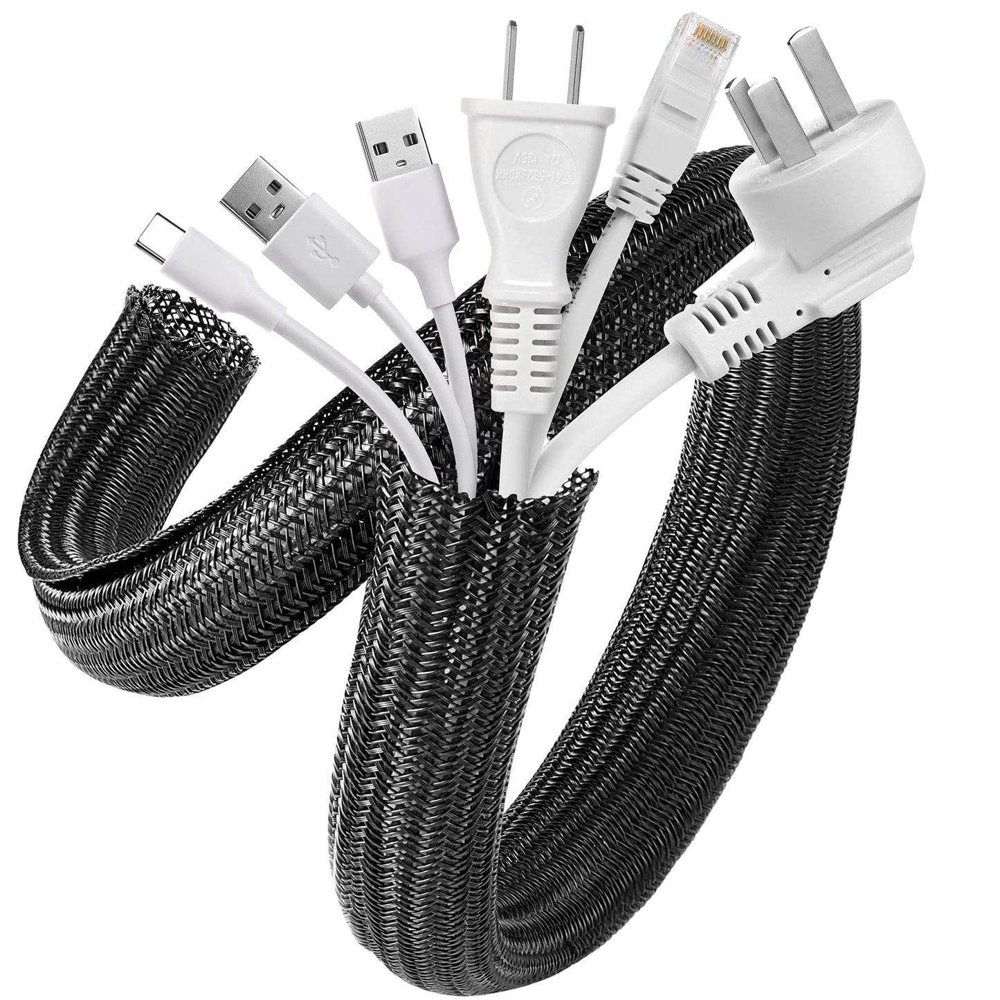 AGPTEK Cable Sleeve, 2 Pack 5ft - 1.2 Inch Cable Management, Desk Cord Cover Organizer Wire Hider for Home Office Computer TV Wire Loom Tubing, Pet Proof Cord Protector from Cat Dog Chewing, Black