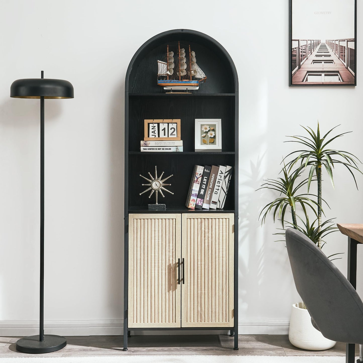 VIPLUMI Arched Bookcase Book Shelf with Doors, 5 Tier Display Bookshelf Tall Cabinet with Storage, Industrial Floor Standing Bookshelves Open bookcases for Home Office, Living Room(Oak&Black)