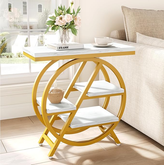 LITTLE TREE End Table, 4-Tier Narrow Faux Marble Side Table