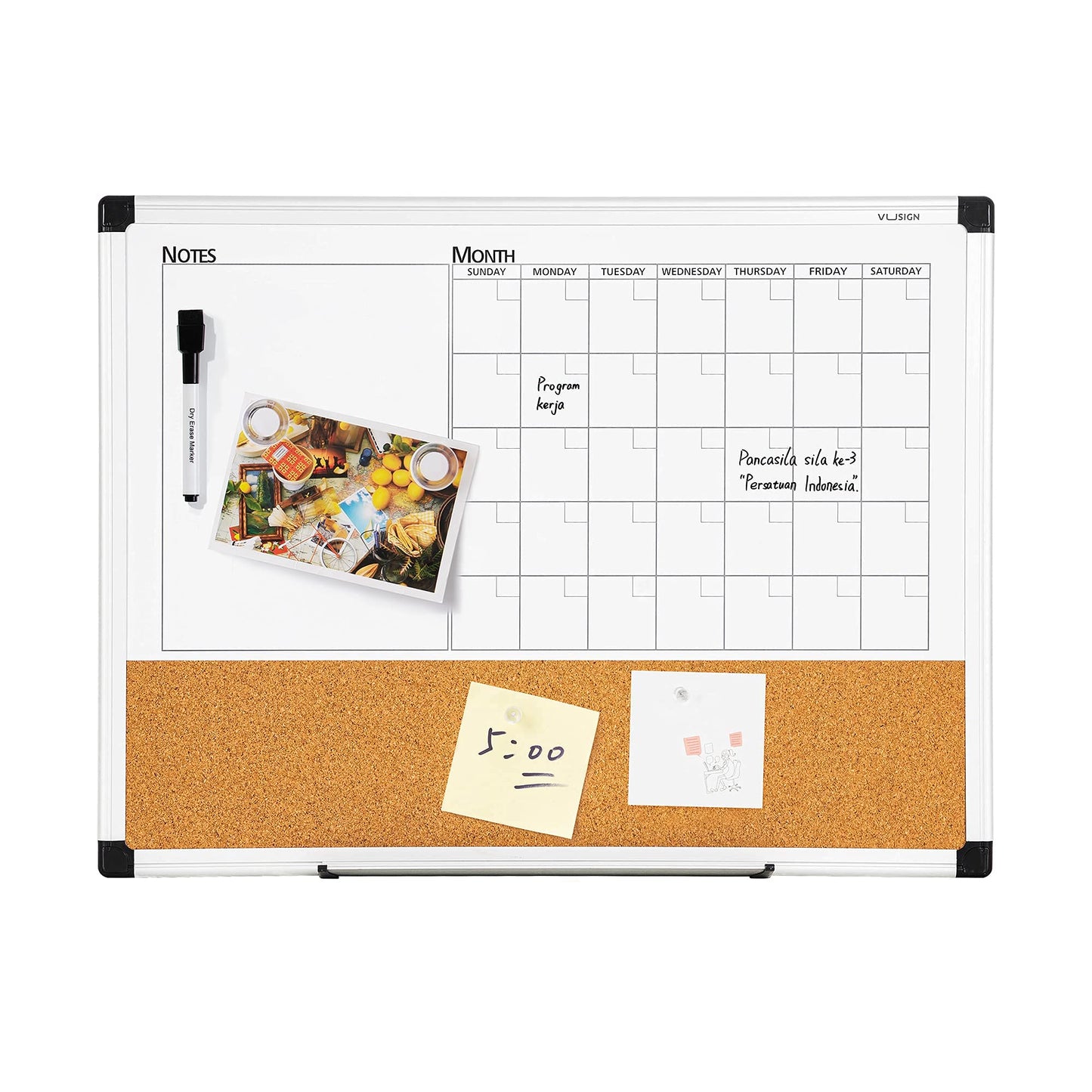 VUSIGN Monthly Calendar Whiteboard Dry Erase Cork Board Combo, 18" x 24" Planning Board, Silver Aluminium Frame