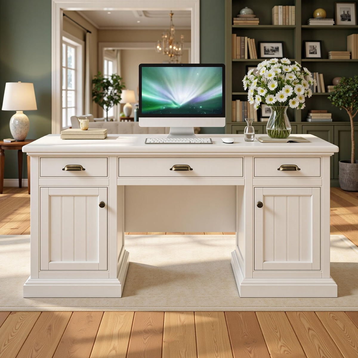 Jocisland 68" Executive Desk for Home Office & Study, Fluted Panel Computer Table with 3 Drawers and 2 Cabinets, Farmhouse Writing Desk – Pure White