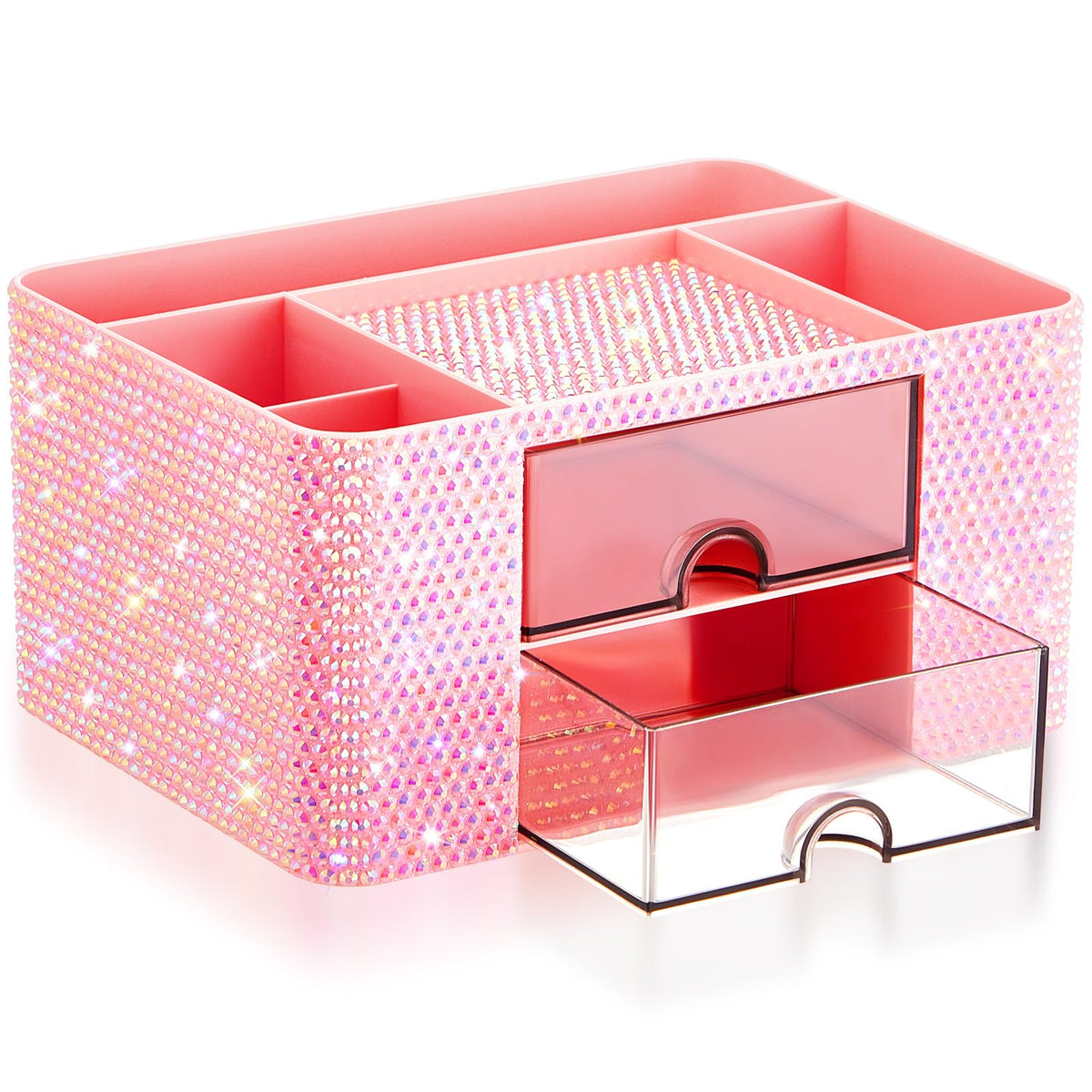 MotiMind Pink Bling Desk Organizer with 2 Drawer, Sparkly Makeup Organizer for Vanity, Girly Desk Accessories, Rhinestone Pen Holder, Elevate Your Workspace with Pink Serenity (Diamond)