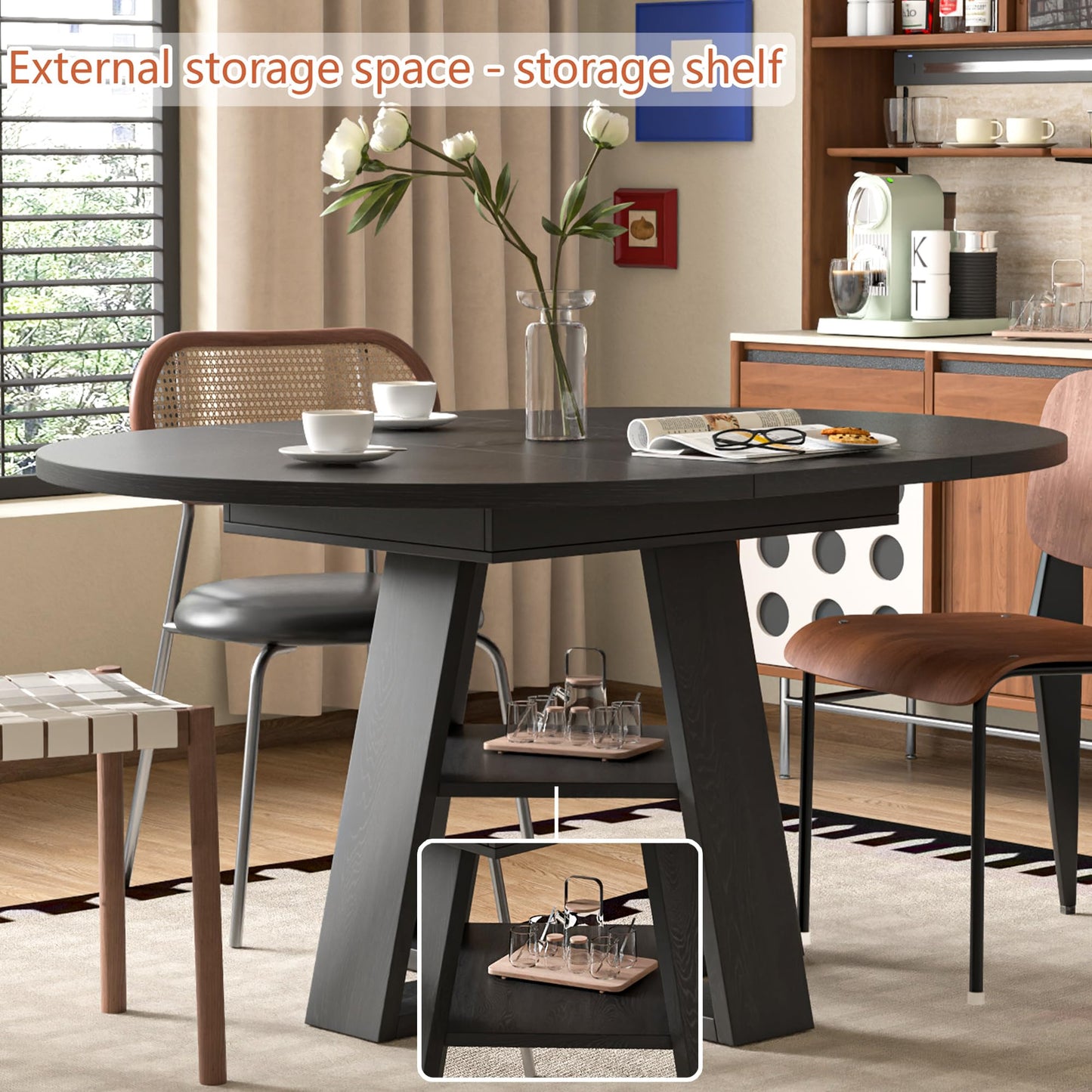 43.3in-59in Extendable Round Conference Table for 4-6 People,Wooden Oval Meeting Room Table with Removable Leaves,Space Saving,Office Table with Storage Shelf for for Office Conference Room