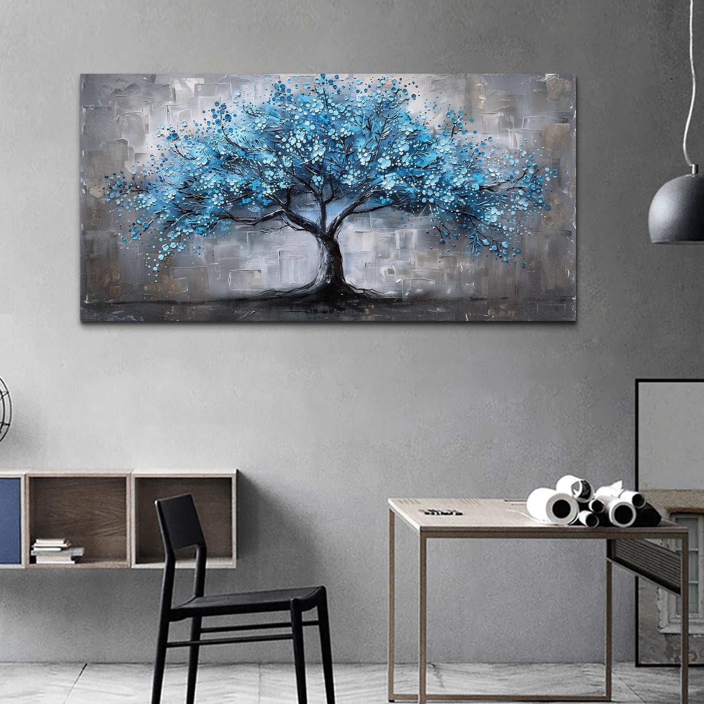 FUHAIHUA Canvas Wall Art For Living Room Wall Decor For Bedroom Office Decortions Black And White Wall Paintings Blue Trees Pictures Framed Mural Aesthetic Home Decor Posters Artwork 20x40 In