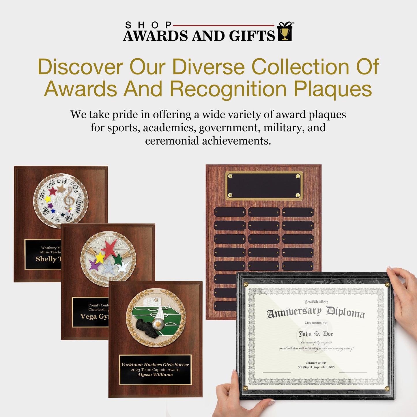 SHOP AWARDS AND GIFTS 12 x 16 Inch Perpetual Plaque Award Multiple Name Plate Board for Employee Appreciation, Recognition, Achievement, Walnut Finish with Black and Gold Header, 24 Name Plates