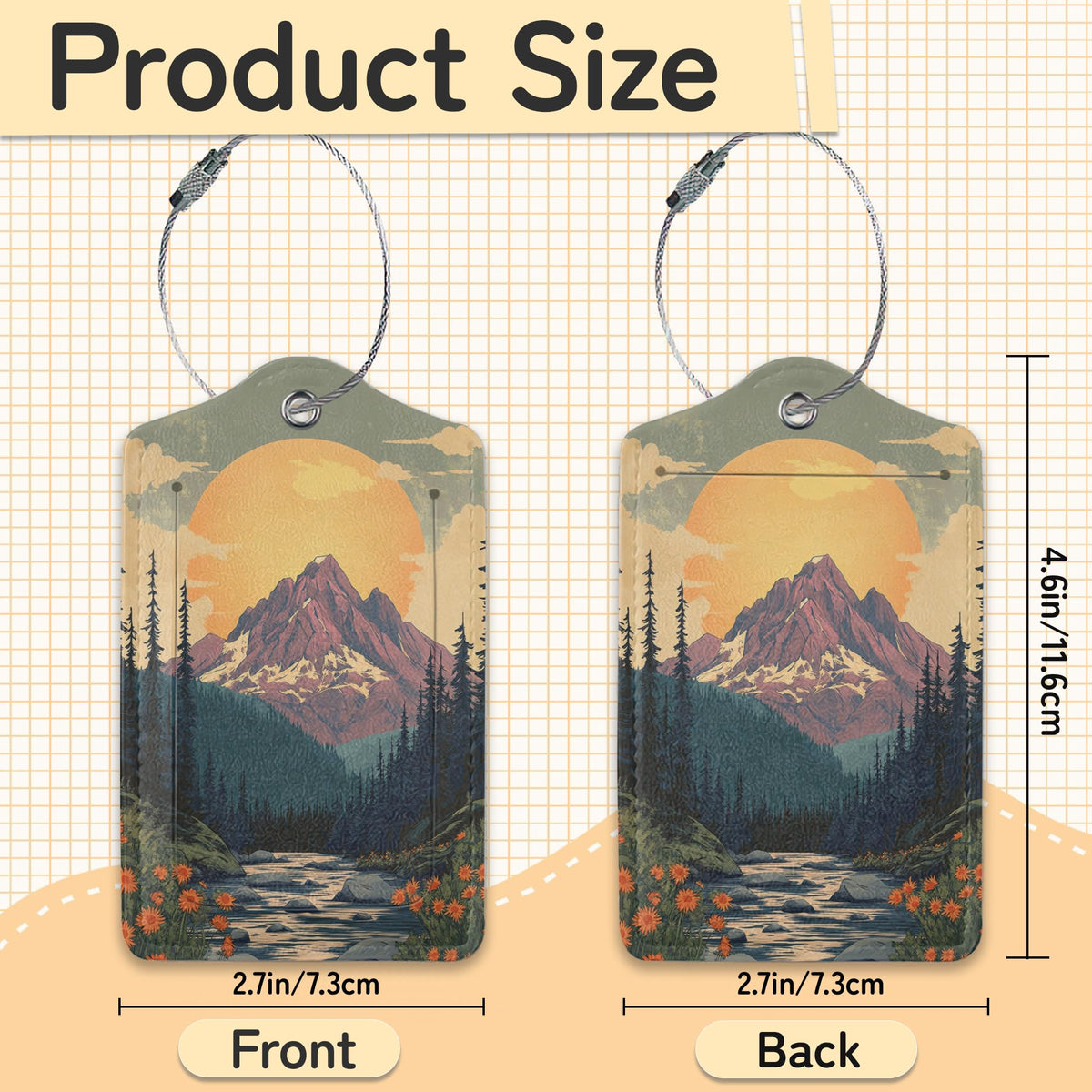 Vintage Mountain Luggage Tag for Suitcase,Forest Lake Design with Privacy Flap Name ID Label Metal Loop, 3 Pack