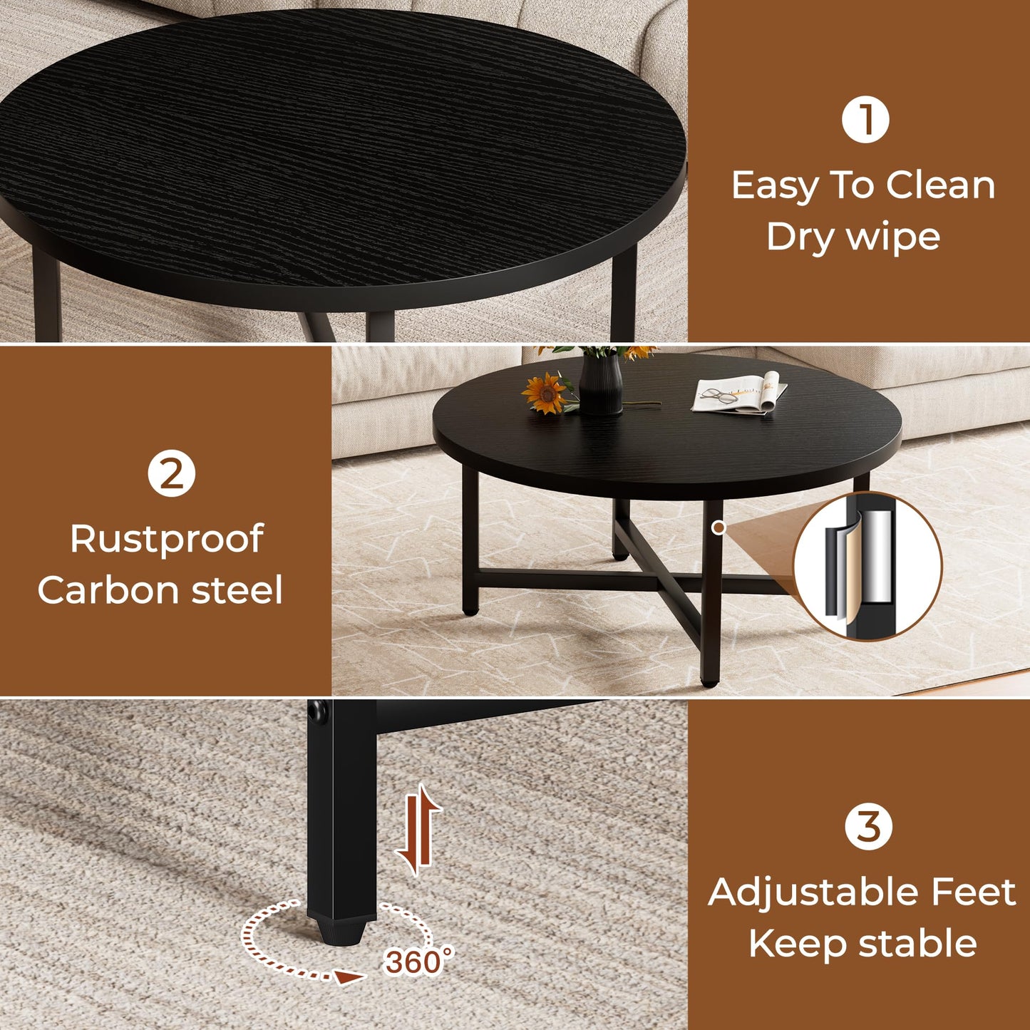 FURMORENE Coffee Table, 31.5" Large Coffee Tables, Black Round Coffee Tables for Living Room, Floor Table for Sitting on The Floor, Center Coffee Table with Metal Frame for Office Apartment Home