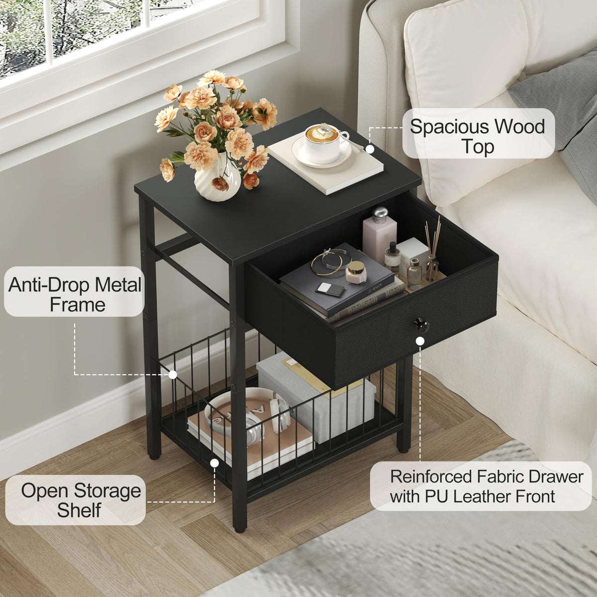 VAFEKOL Nightstand with PU Leather Front Drawer, 3-Tier End Table with Bottom Mesh Basket, Industrial Bedside Table for Small Spaces, Black