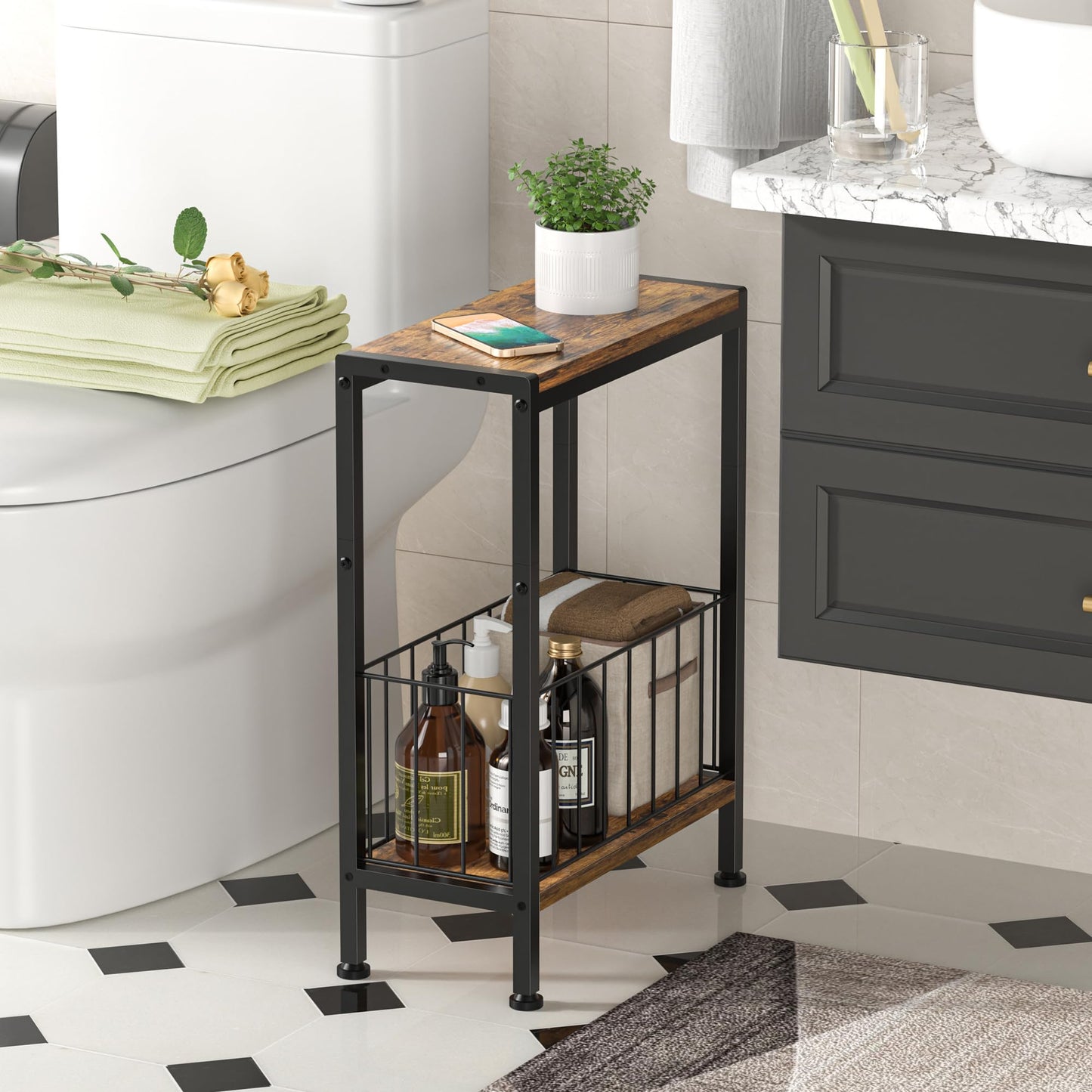 Lifenite Narrow Side Table, Skinny End Tables with Magazine Holder, Small Sofa Table for Small Spaces, Space-Saving Design, Slim Nightstand Bedside Table for Living Room, Bedroom, Office, Rustic Brown