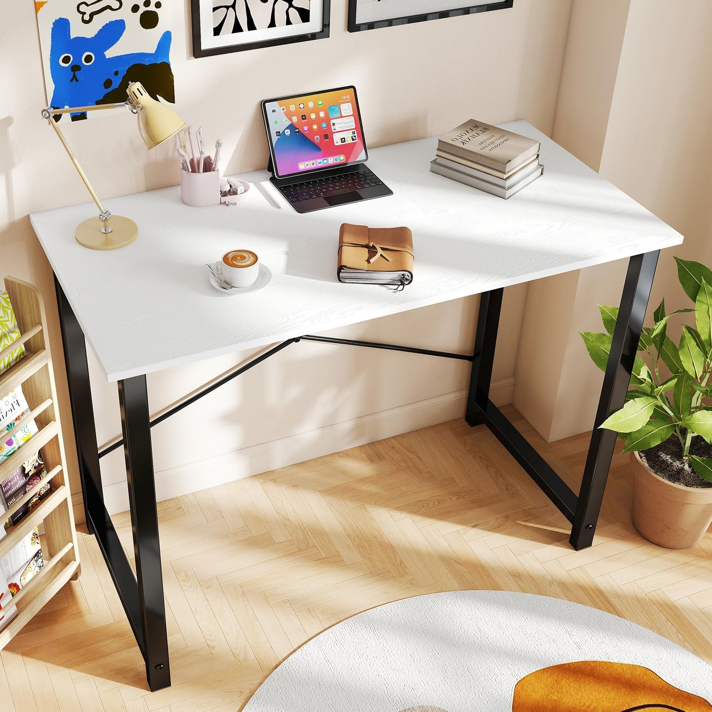 Sweetcrispy Small Computer Desk, 47" Office Writing Desk with Metal Frame & Wooden Top, X-Shaped Reinforcement, Student Study Home Bedroom Table, White