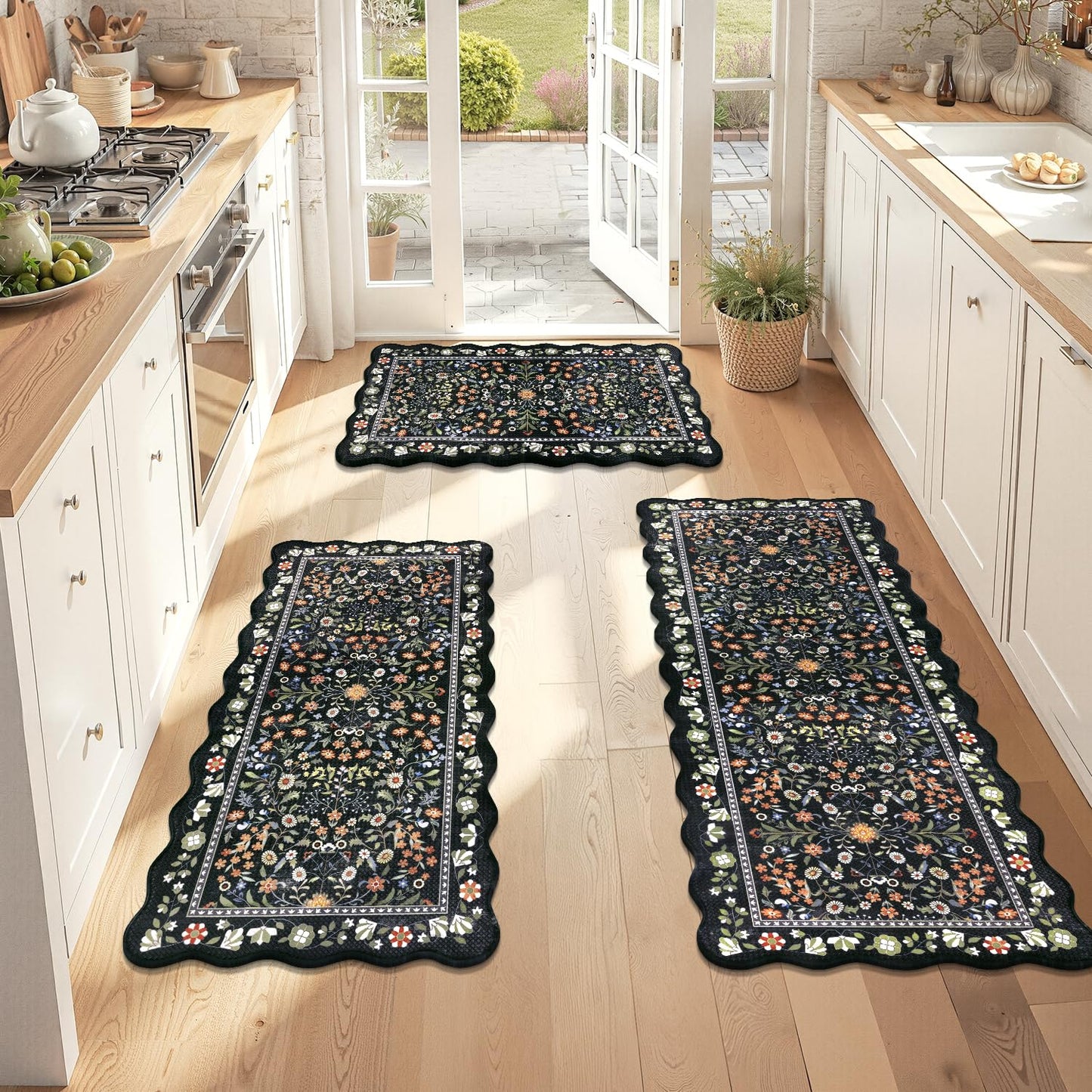 Yamaziot Anti Fatigue Kitchen Rugs Set of 3 - Boho Non Slip Waterproof Kitchen Mats for Floor, Boho Runner Rug for Kitchen Floor, Laundry, Desk, Bar, Office, 17.3"x29"+17.3"x35"+17.3"x47", Black