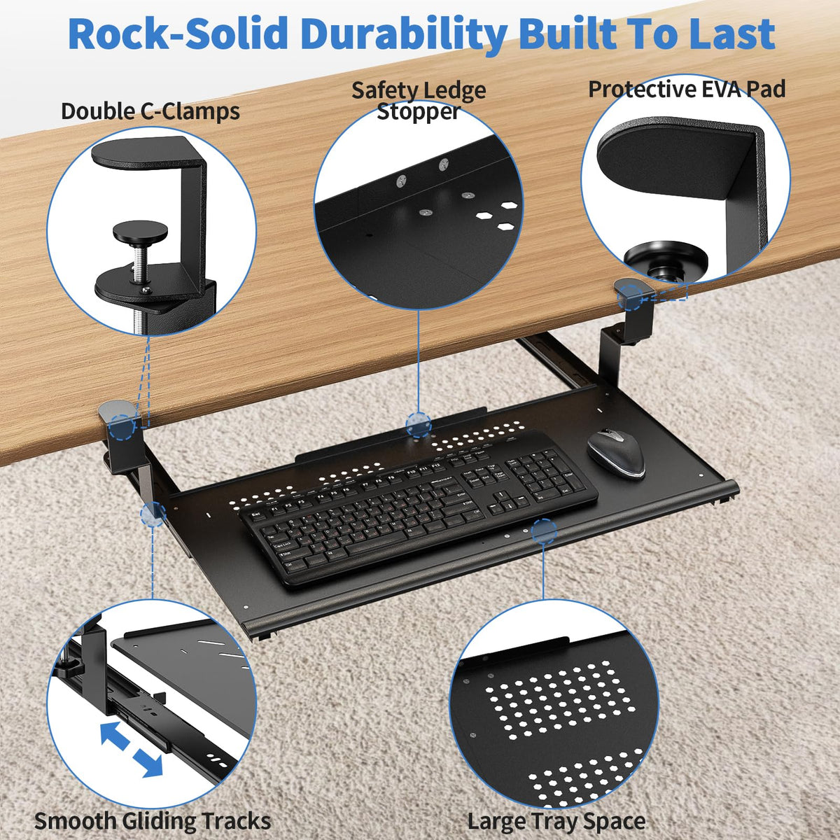 Strifuture Keyboard Tray Under Desk - Full Metal Slide Out Holder, Rust-Resistant & Scratch-Proof, Double C-Clamps, 26x13" Tray for L Shape/Regular Desks, Standing/Sitting Workstation(Black-B)