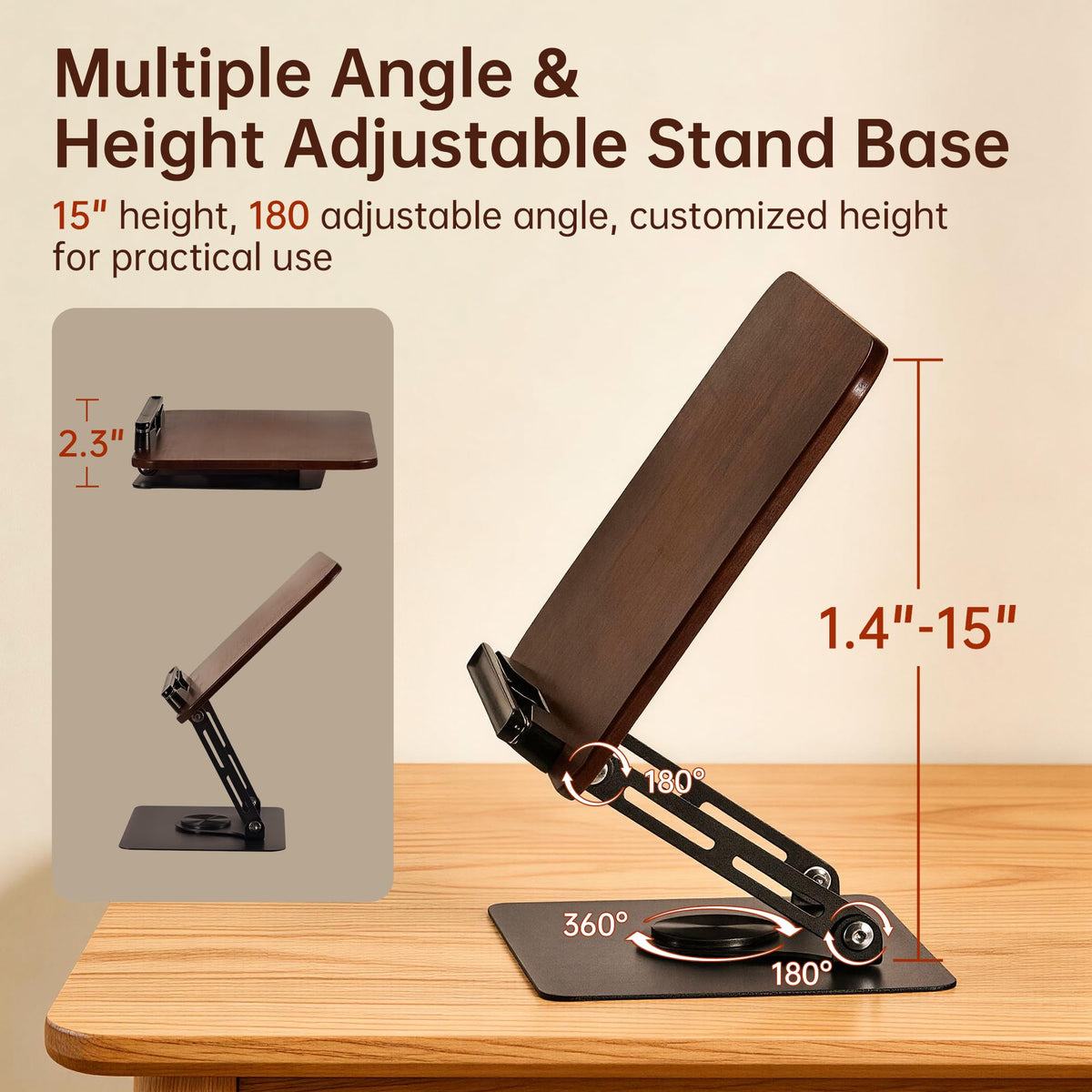 2-in-1 Floor & Desktop Book Stand, Dual-Use Height Adjustable 19"-62.2", Reading Stand Holder with 360° Rotating Base & Page Clips for Music Sheet, Laptop, Podium, Cookbook, Projector, 100% Solid Wood