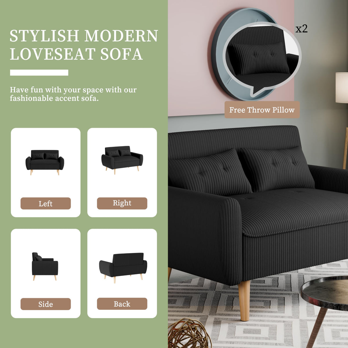 Vongrasig 48" Small Modern Loveseat Sofa, Mid Century Soft Corduroy Fabric 2-Seat Sofa Couch Tufted Love Seat with Back Cushions and Tapered Legs for Living Room, Bedroom and Small Space (Black)
