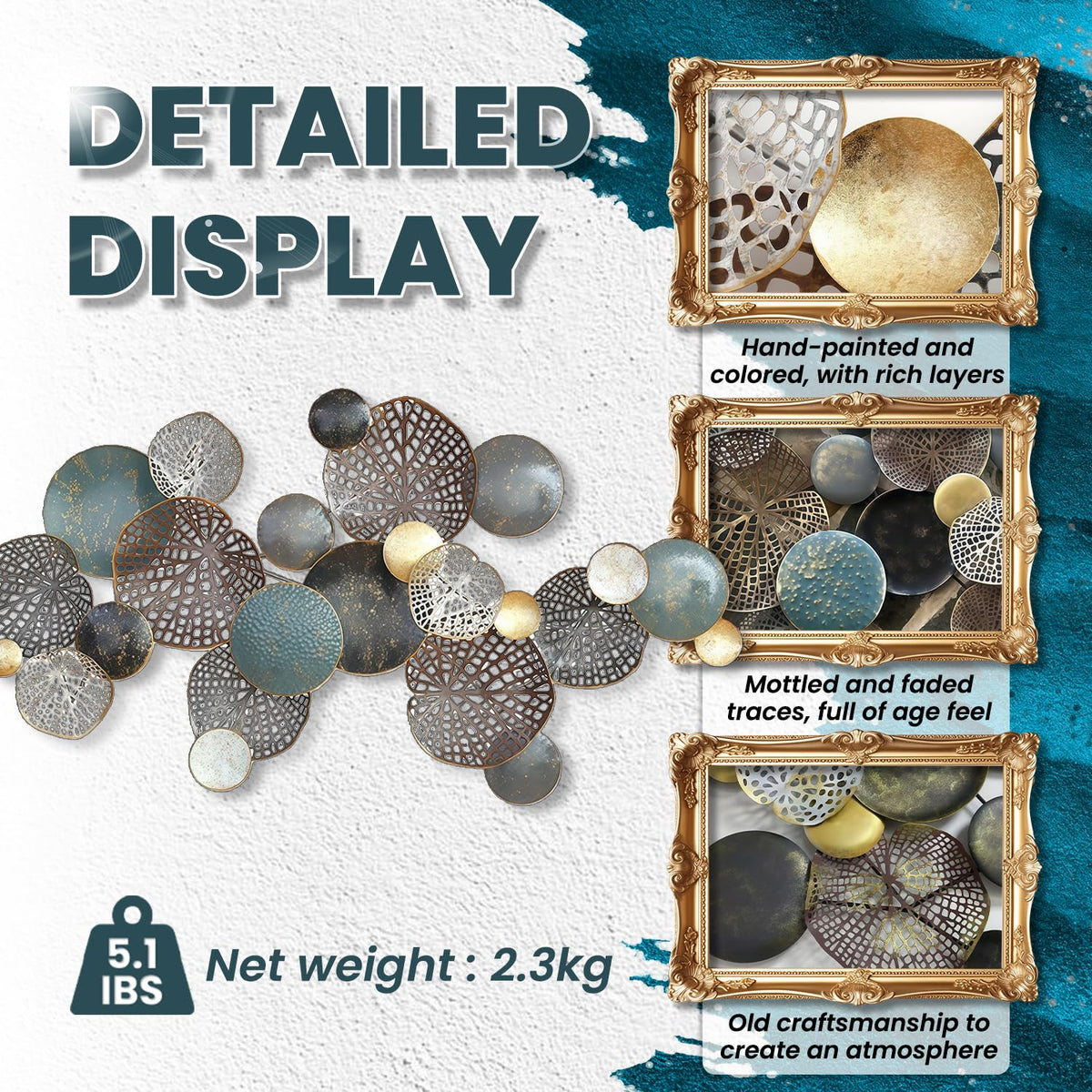 ZZYYZZ Large Metal Wall Decor, Boho Lotus Leaf Metal Wall Decoration, 3D Stacked Flower Wall Art Décor, Nautical Coastal Outdoor Wall Decor, for Living Room Bedroom Dining Room, 52.5" x 26.5"