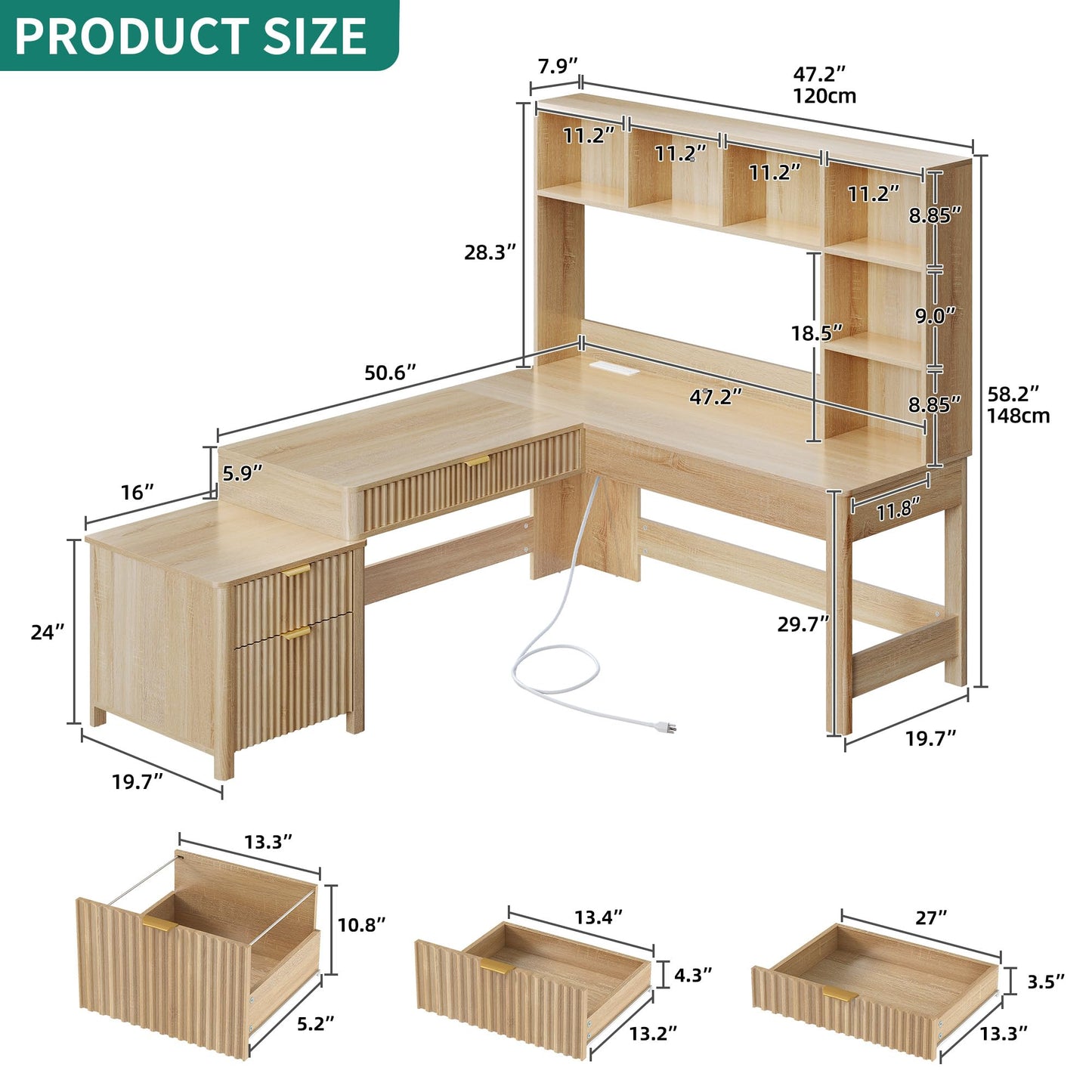 YITAHOME L Shaped Desk with Hutch and Drawers, 67" Computer Desk Gaming Desk with Power Outlets & LED Lights, Wood Home Office Desk with Printer Stand, Fluted Sturdy Writing Workstation, Natural Oak