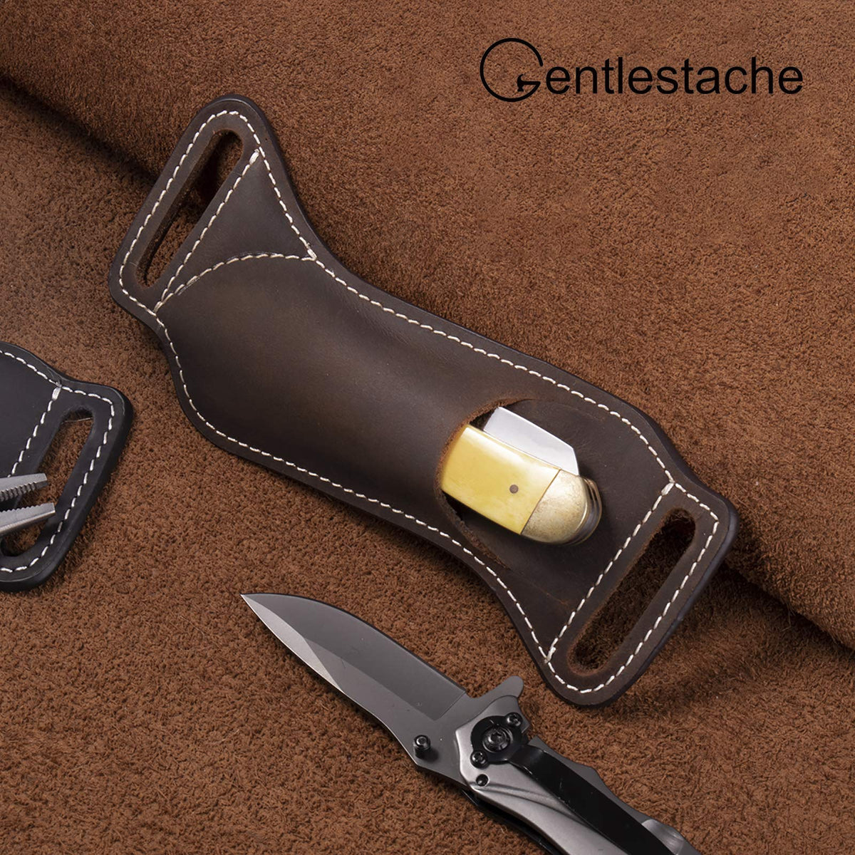 Gentlestache Leather Knife Sheaths for Belt, Pocket Knife Holder, EDC Sheath for Folding, Compact Draw Knife Holster Dark Brown