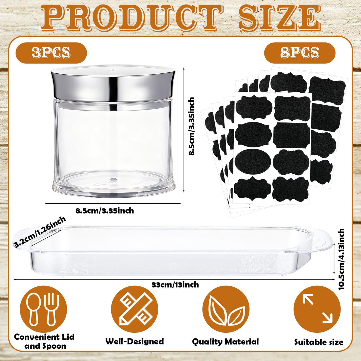 Ferrochef Set of 3 Acrylic Sugar Container with Lid Spoon and Tray 7oz Clear Condiment Coffee Jars Container with Labels Seasoning Salt Box Set for Kitchen Storage Coffee Bar