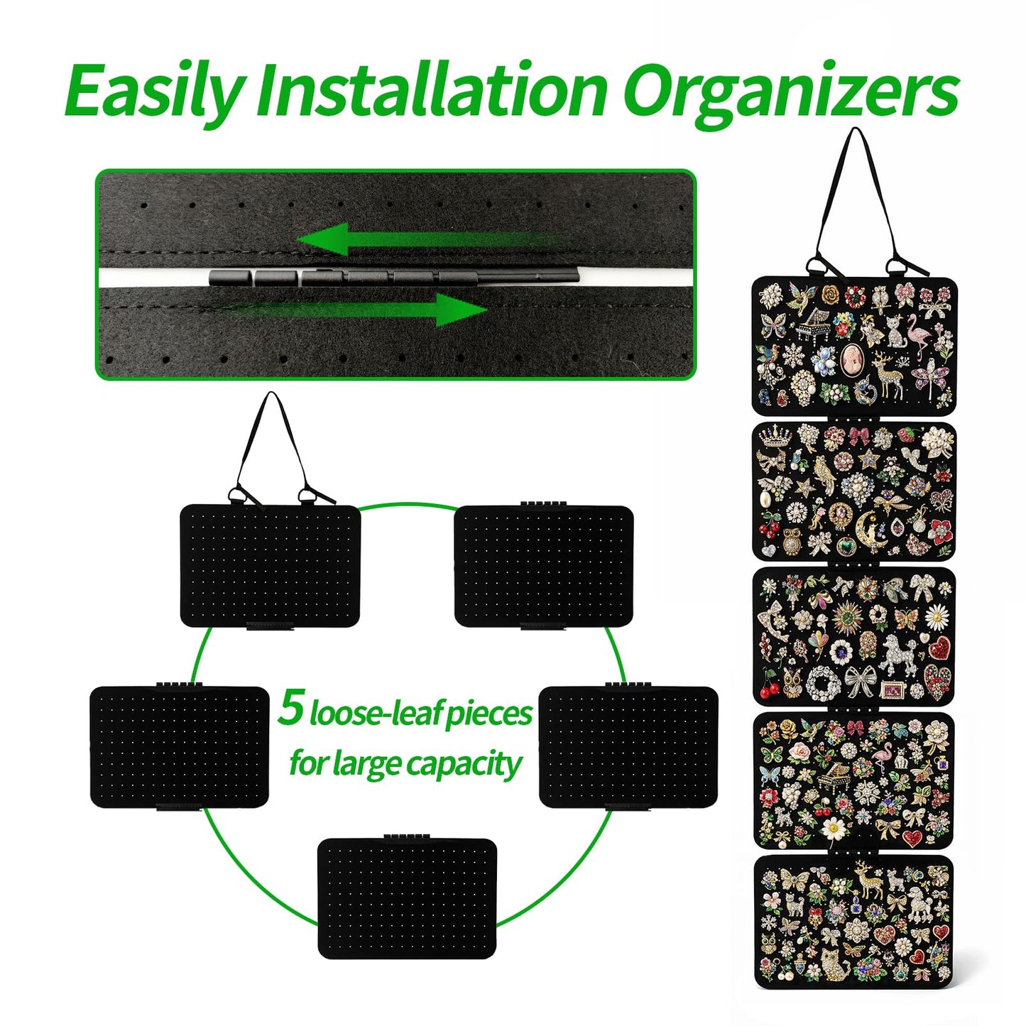 CENELO Hanging Pin Display Panels Organizer with 5 Loose-Leaf Board Pieces & 4 Hooks