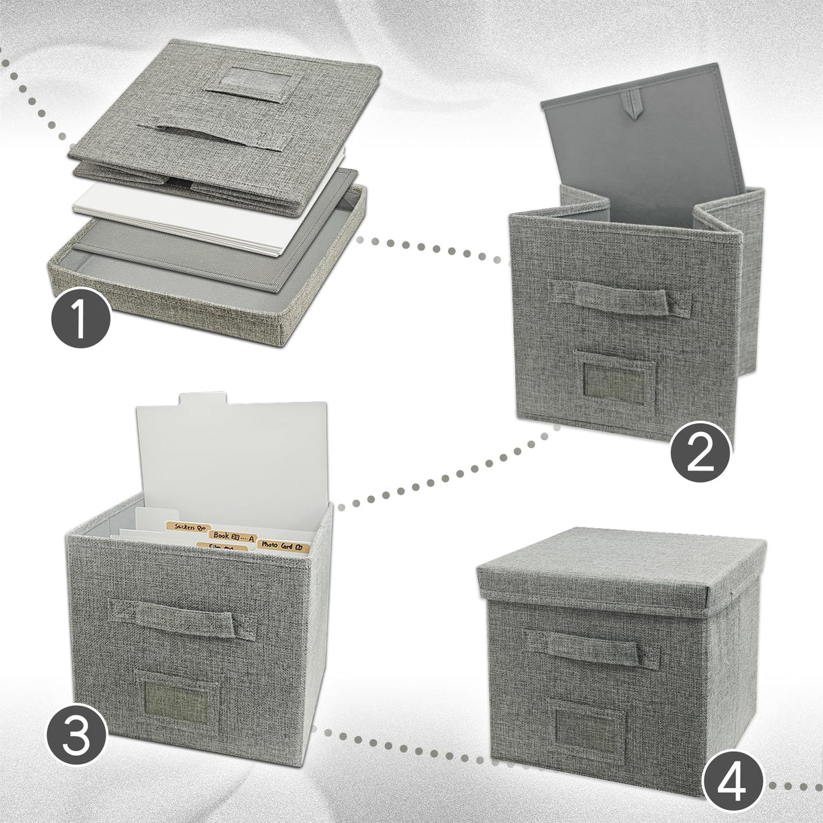 Craftask Gray Greeting Card Organizer Box with Dividers and Adhesive Labels, Greeting Card Storage Box for Photos, Envelopes and Postcards