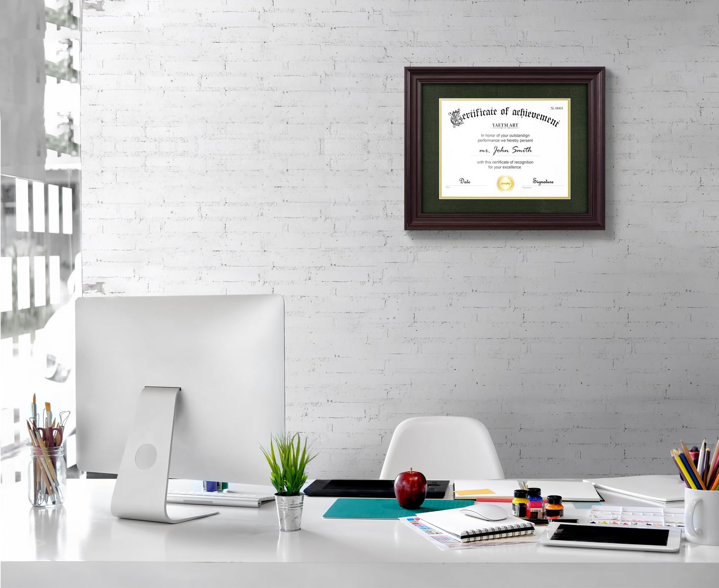 Yaetm 11x14 Diploma Frame, Certificate Frame with Tempered Glass, Display 8.5x11 Document with Dark Green Over Gold Acid-free Mat or 11 x 14 without Mat, Wide Molding (Single, Brown/Green)