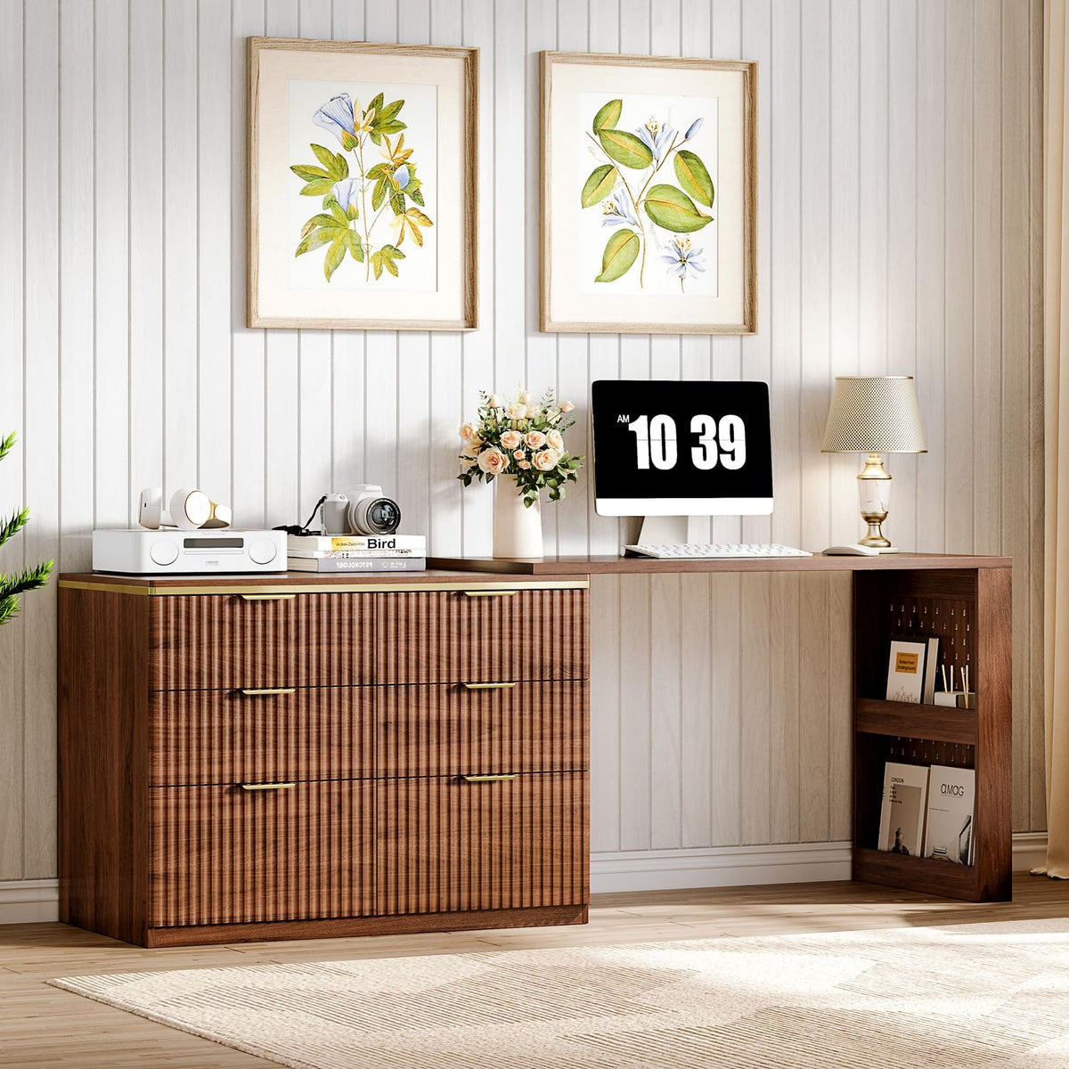 Ieejdn L Shaped Standing Desk,47" Home Office Desks, Executive, Farmhouse Computer Desk with 6 Drawers File Drawer, Rustic Computer Writing, Walnut