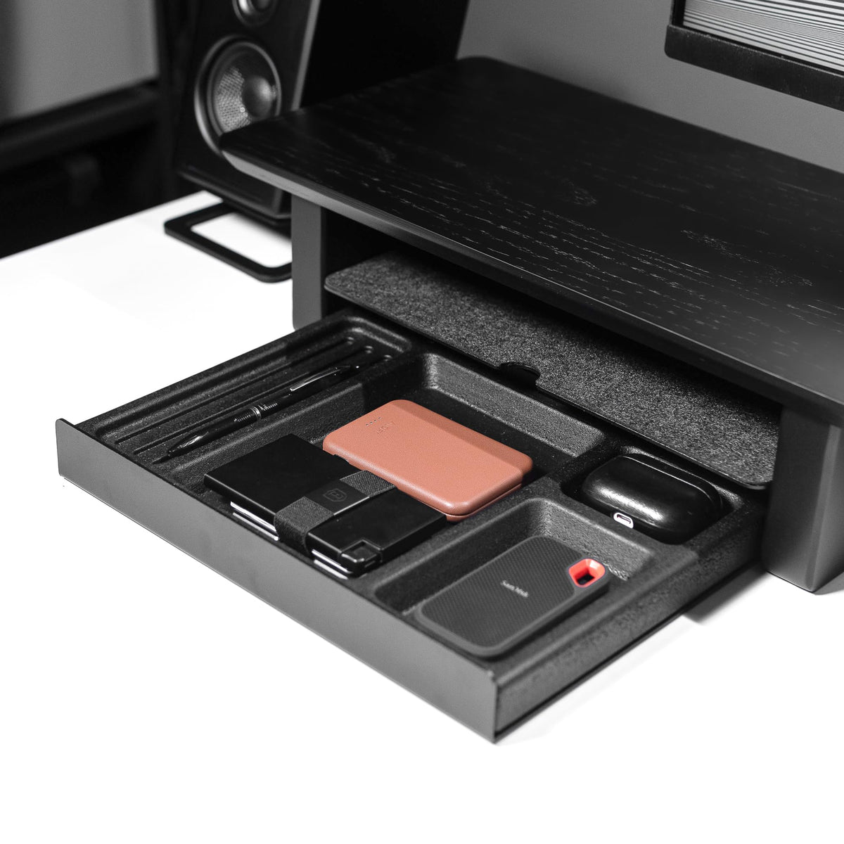 Raico Desk Shelf Tray Drawer Organizer with Compartments for Monitor Stand System Metal & Cork Accessory Tray for Cockpit Setup | Black