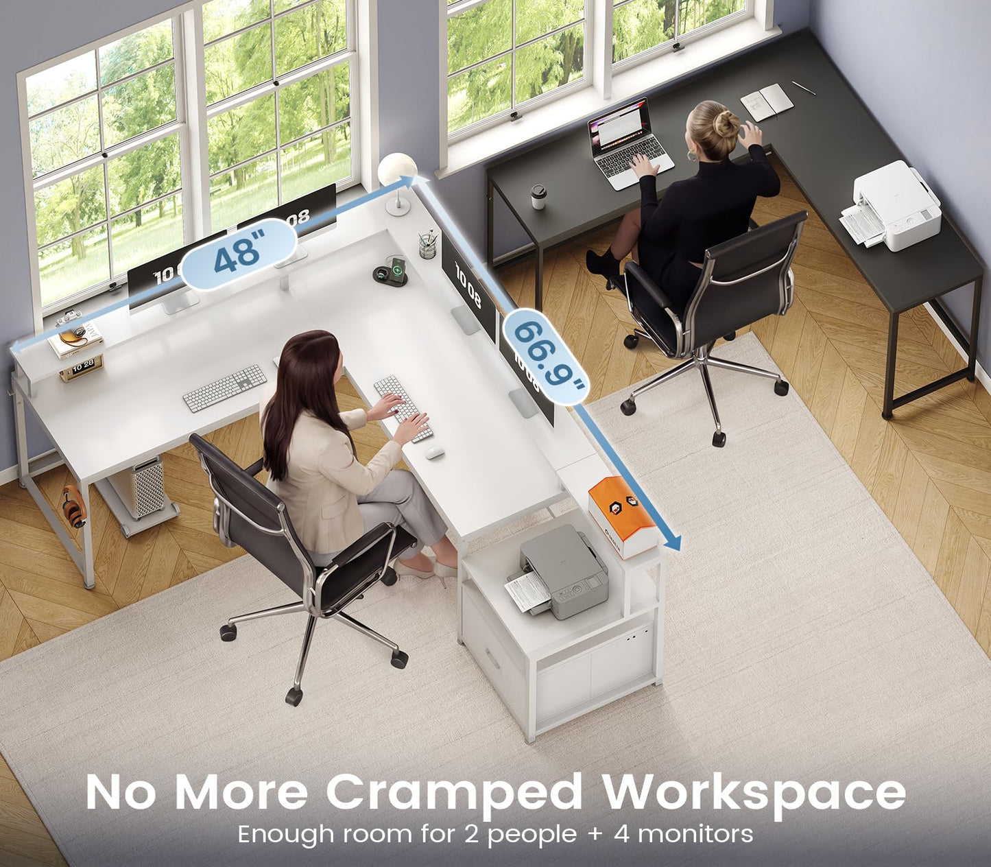 SEDETA 66" L Shaped Desk with Power Outlet, Reversible Home Office Computer Desk with File Drawer & Monitor Shelf, Storage Shelves, LED Lights for Corner Small Spaces, White