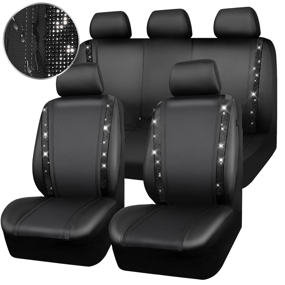 CAR PASS Leather Bling Diamond Car Seat Covers Full Set, Shining Rhinestone Waterproof Durable Rear with Zipper, Universal Fit Automotive Glitter Crystal Sparkle Strip for Cute Women Girly Black