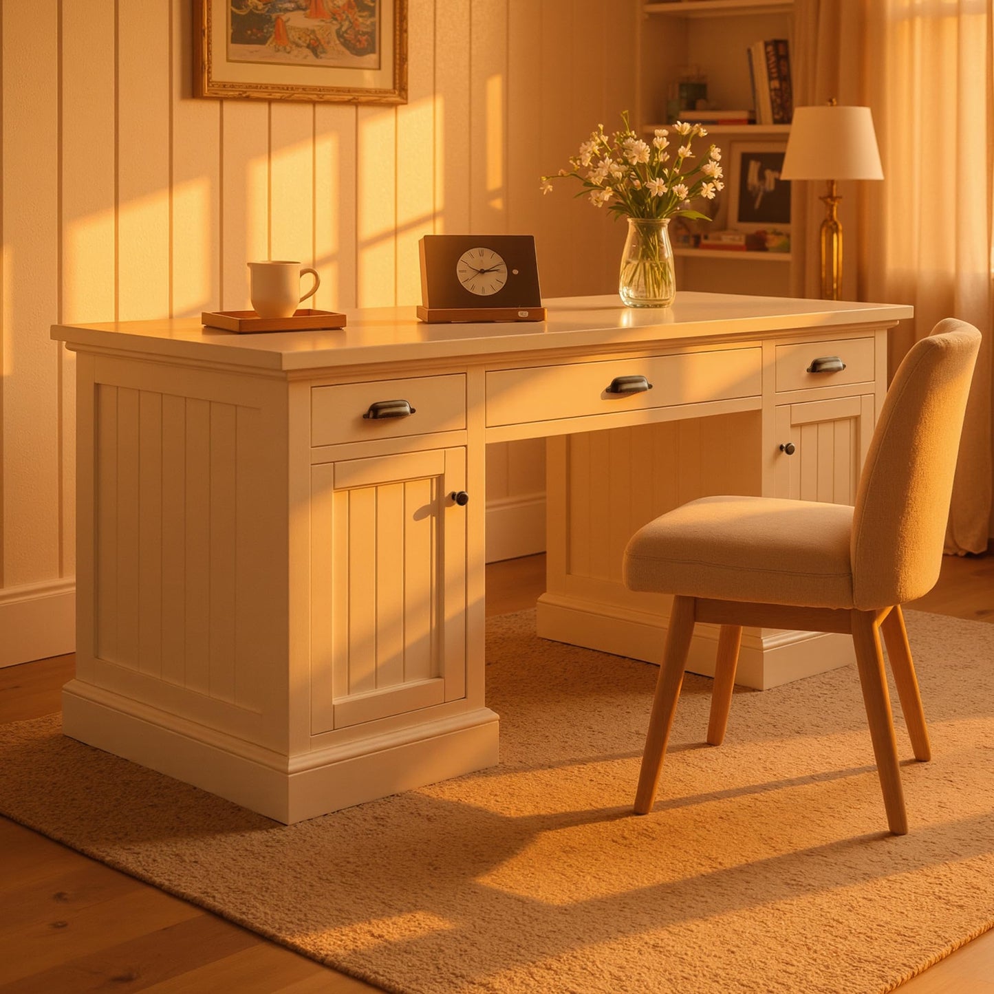 Jocisland 68" Executive Desk for Home Office & Study, Fluted Panel Computer Table with 3 Drawers and 2 Cabinets, Farmhouse Writing Desk – Pure White