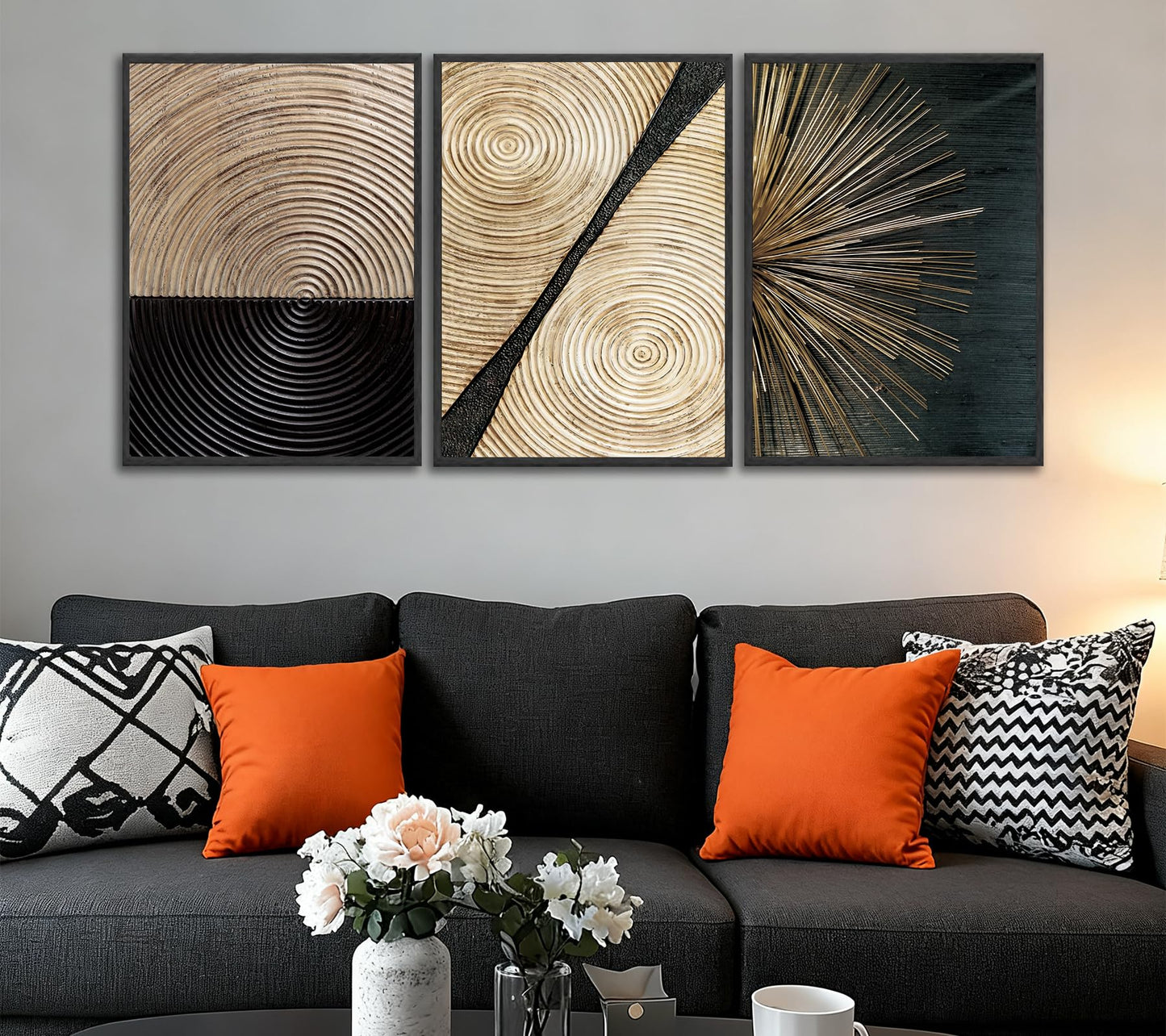 3Pcs Retro Wood Grain Canvas Wall Art Minimalist Black Gold Abstract Line Painting Pictures Wall Decor Neutral Geometric Beige Brown Poster Prints for Bedroom Office Decoration 12x16in Unframed