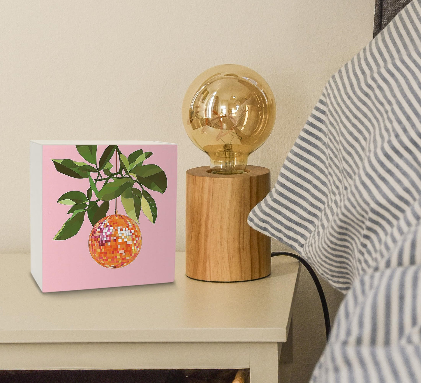 Ku-Dayi Preppy Orange Disco Ball Wooden Box Sign, Funky Disco Ball Wood Box Decorations for Girls Room Home Office, Pink Fruit Mirror Balls Wooden Block Plaque Desk Shelf Decor 5x5 Inch