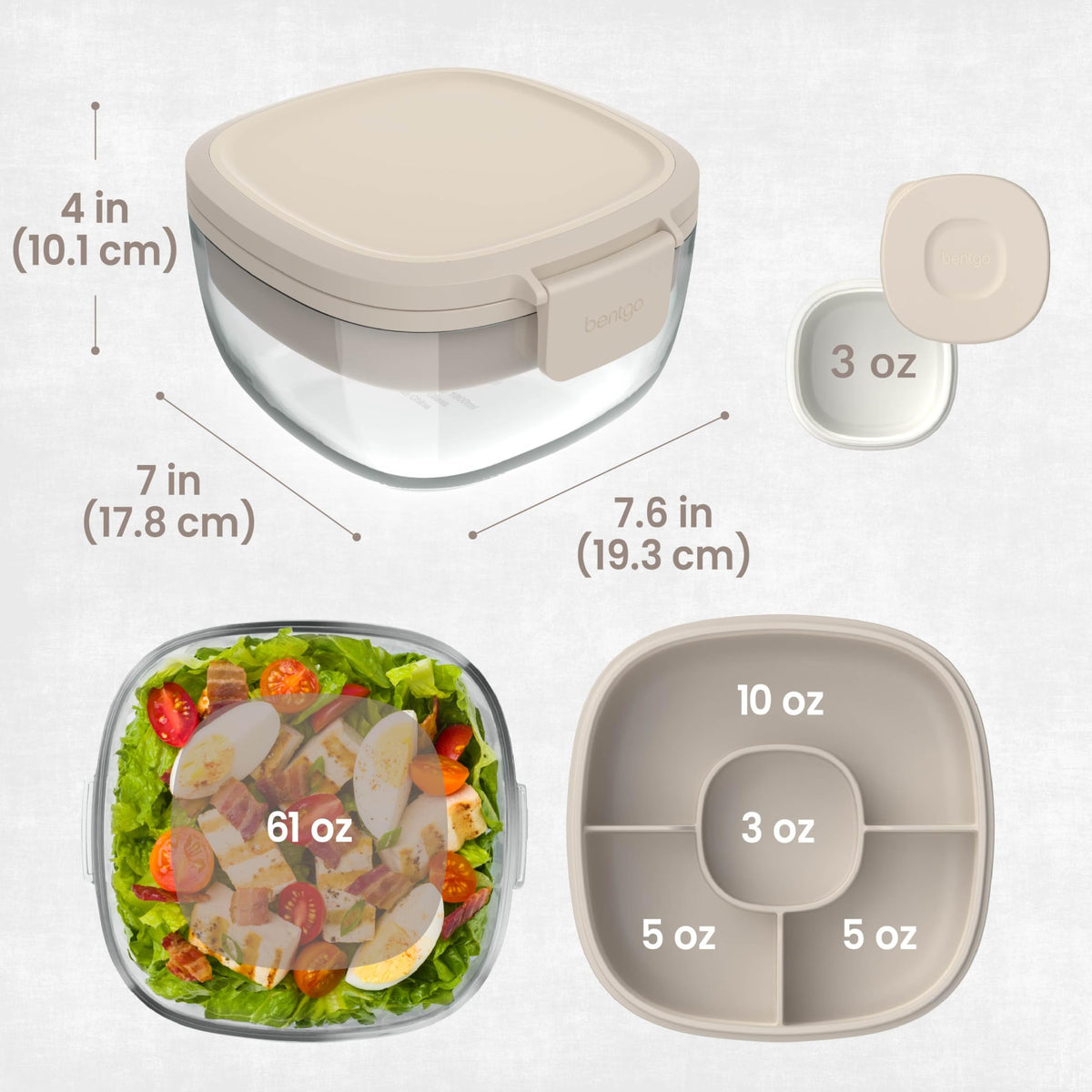 Bentgo Glass Salad Container - 7.6-Cup Salad Bowl with Airtight Lid, Leak-Proof Sauce Container, 4-Compartment Bento Tray & Reusable Fork - BPA-Free for Meal Prep, Office & More (White Stone Tan)