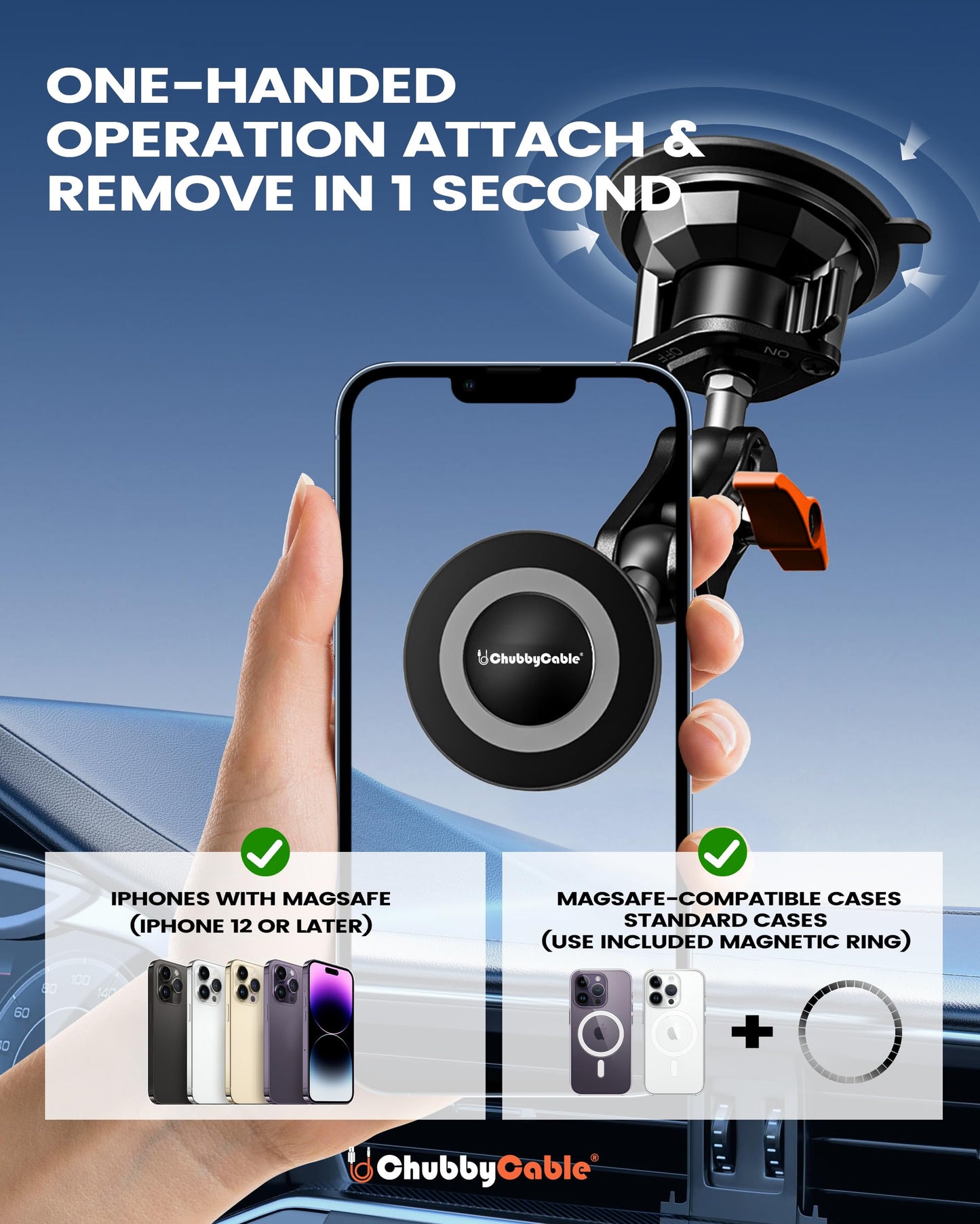 chubbycable ChubbyGrip Magnetic Car Phone Holder 360° Adjustable Car Phone Mount for Windshield, Ultra-Durable Metal Suction Cup Phone Mount for iPhone Samsung All Smartphone, Magnetic
