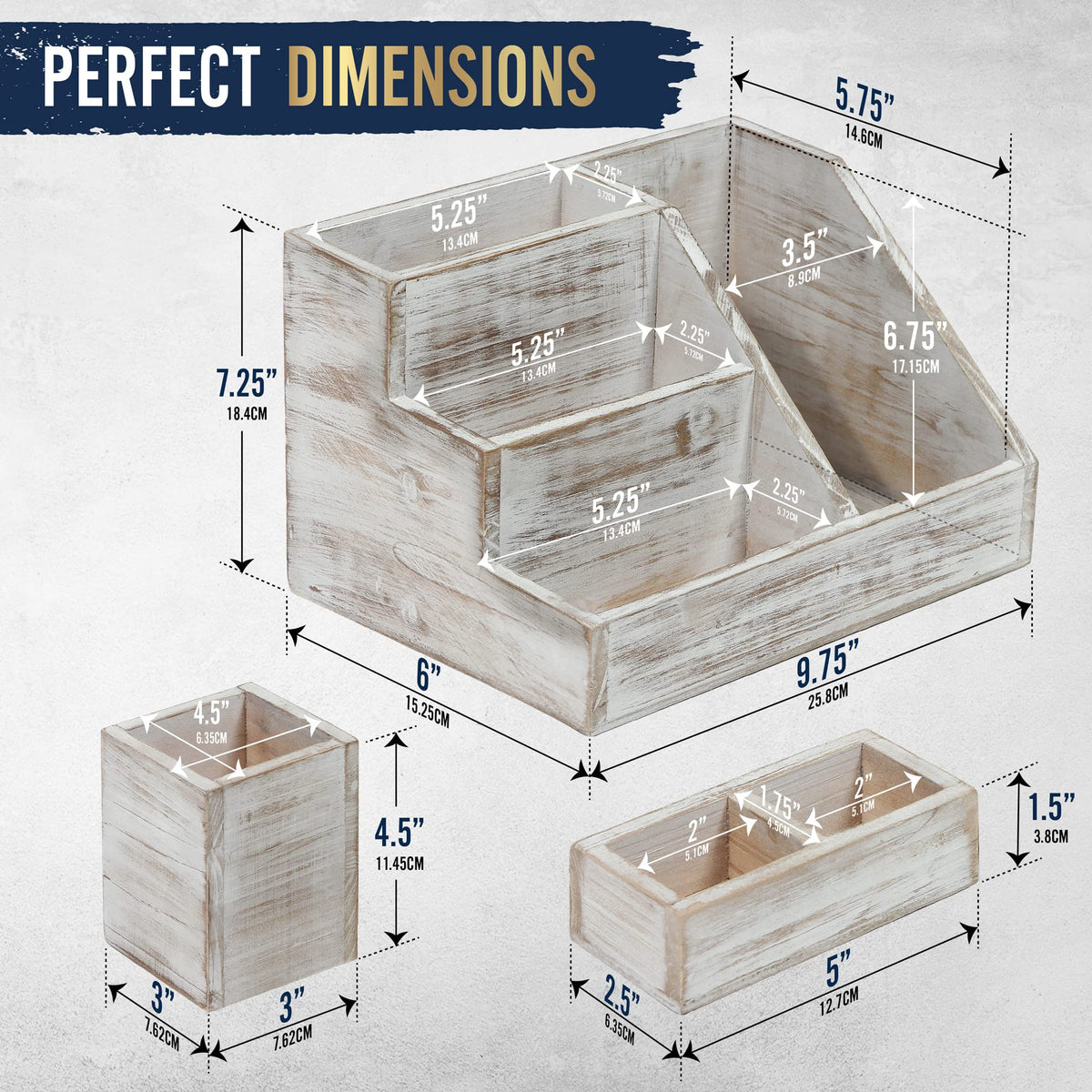HBCY Creations Rustic Wooden Desk Organizer Set, 3-Piece Whitewashed Mail Organizer for Desktop - Great for Rustic or Industrial Home Decor