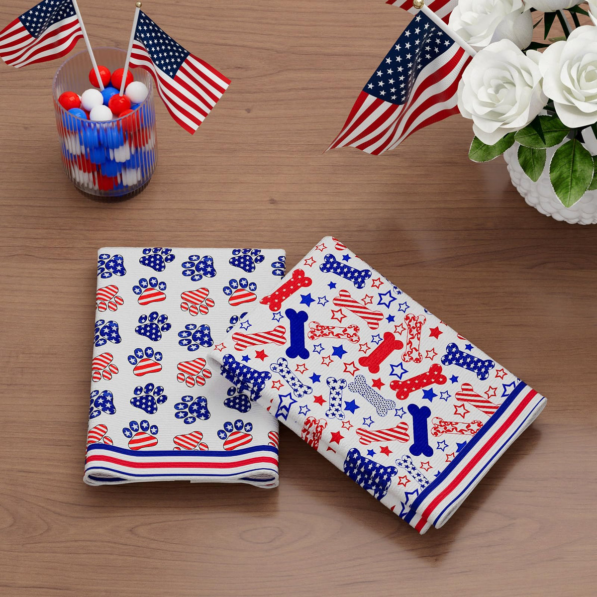 XCHI Dog Paws Bones Stars America Patriotic 4th of July Memorial Day Independence Day Kitchen Towels Dish Towels 18x26 Inch Home Decorations Hand Towels Set of 2 Drying Dishcloth